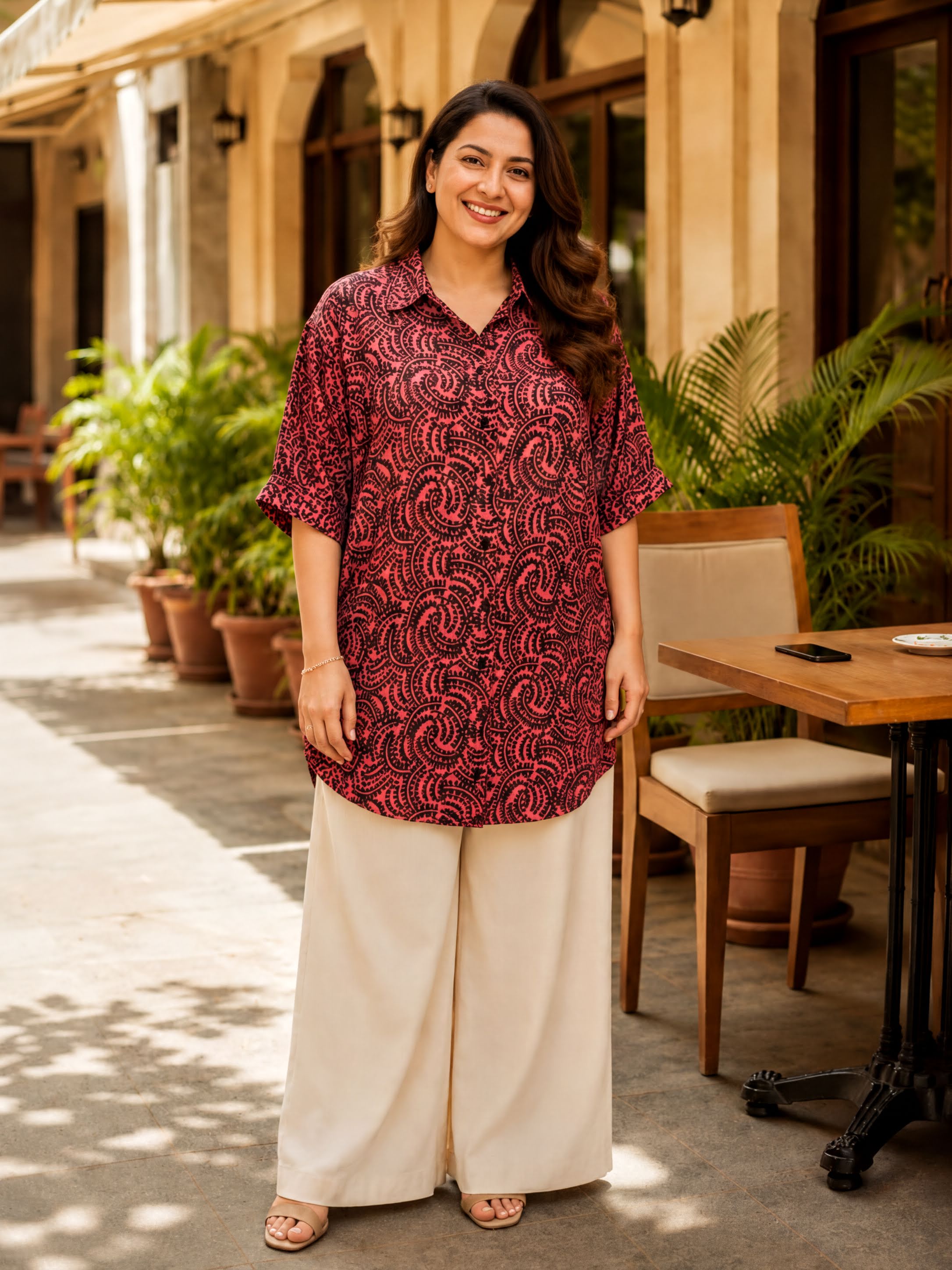 A woman wearing a red and black patterned shirt and beige pants stands in front of a building with potted plants.