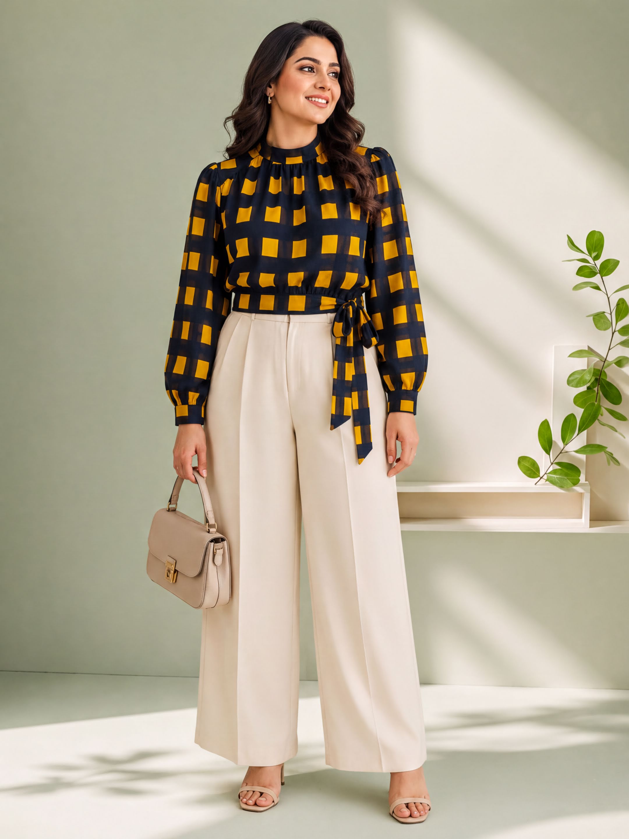 A woman wearing a black and yellow checkered blouse, white wide leg pants, and beige heels, standing in a room with a plant and a white wall. She is holding a small beige handbag and smiling.