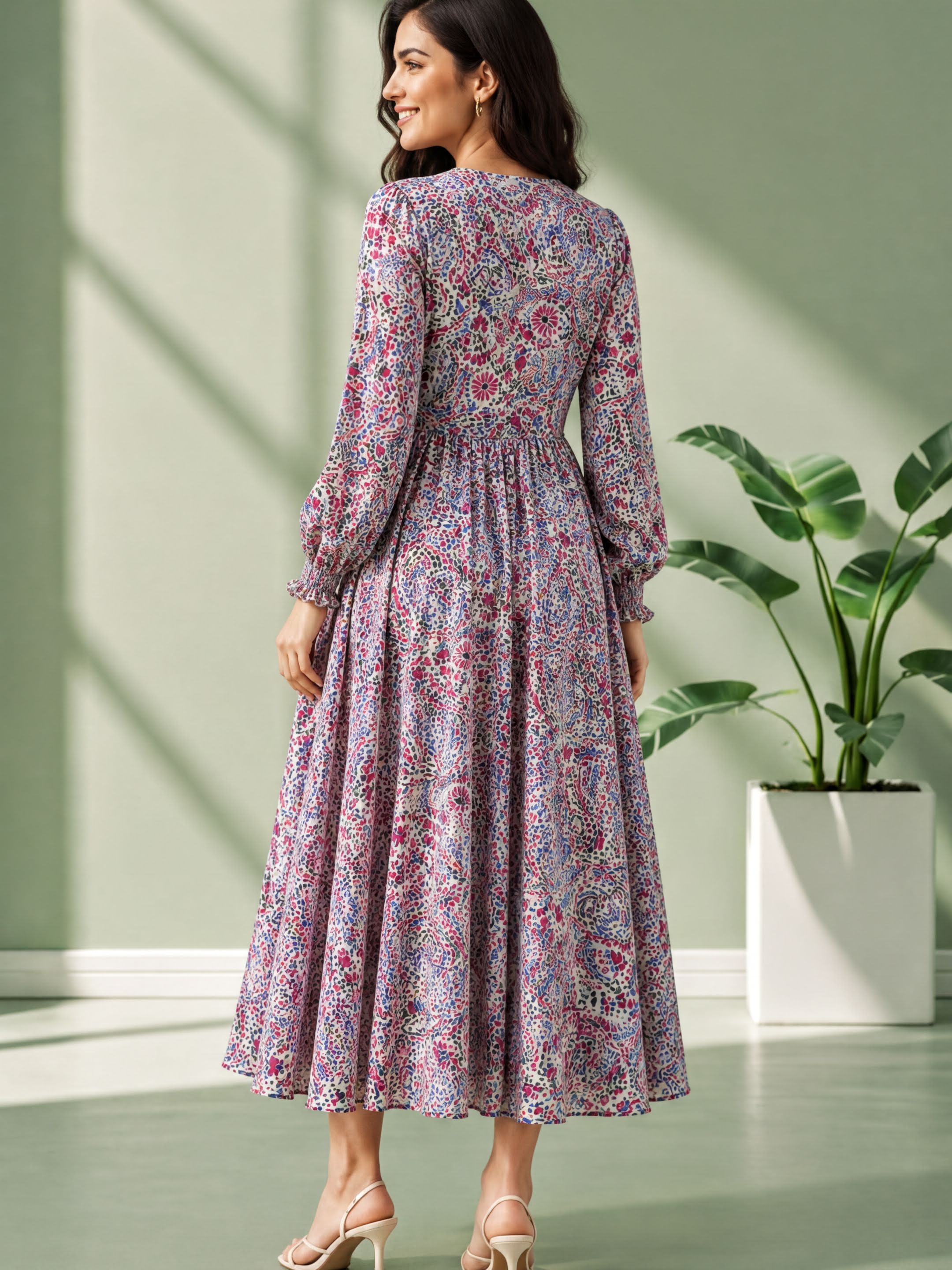 A woman wearing a long, flowy dress with a floral pattern stands in front of a green wall, smiling at the camera.