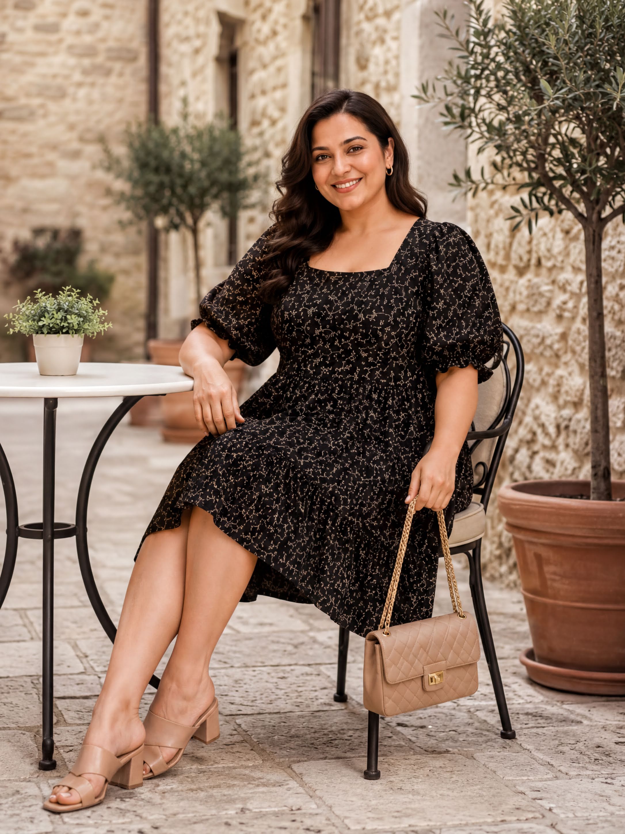 A woman in a black dress with a floral pattern is sitting at an outdoor table, smiling and holding a beige handbag.