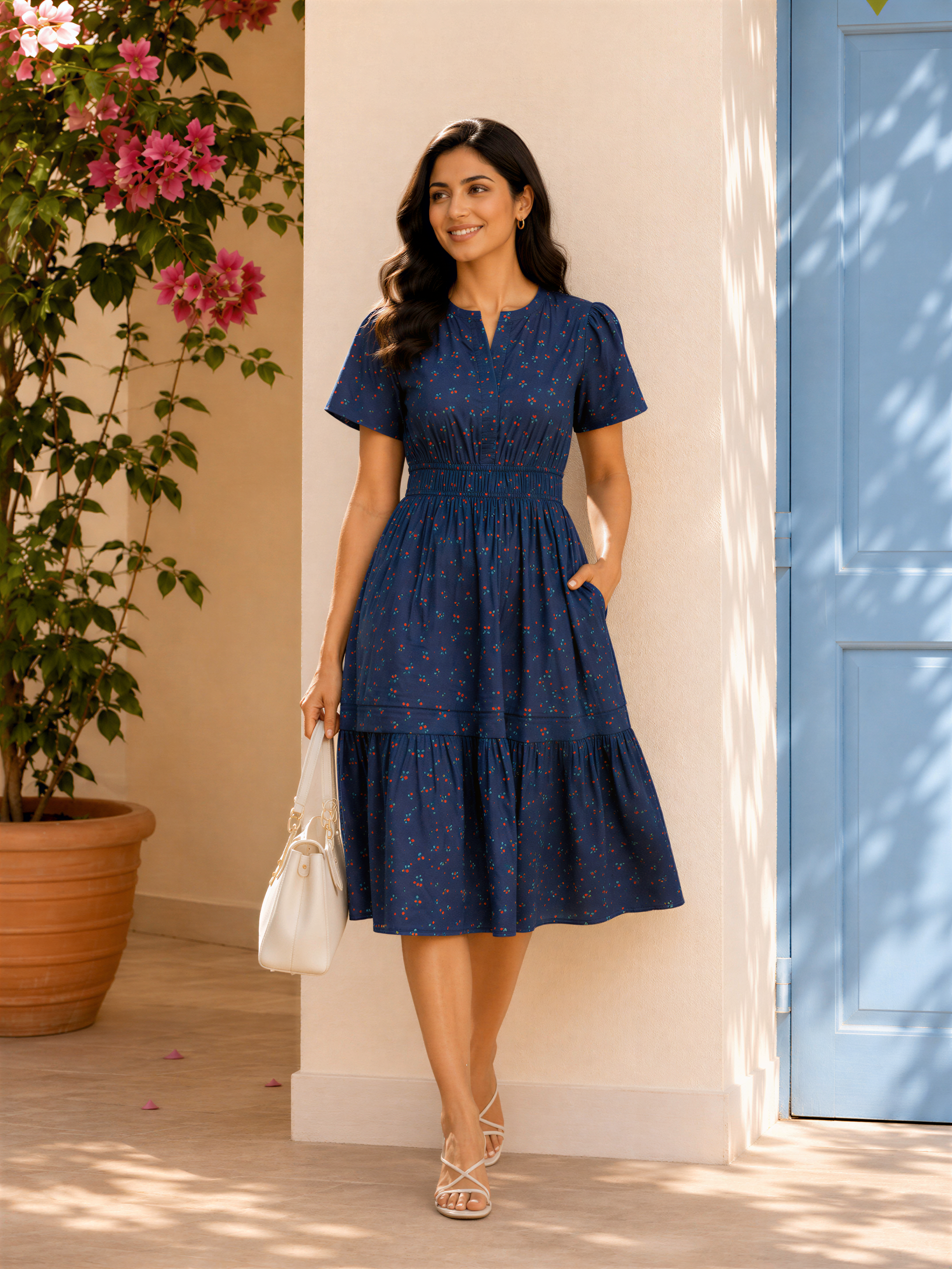 A woman in a blue dress with a ruffled neckline stands in front of a blue door, smiling and holding a white purse.