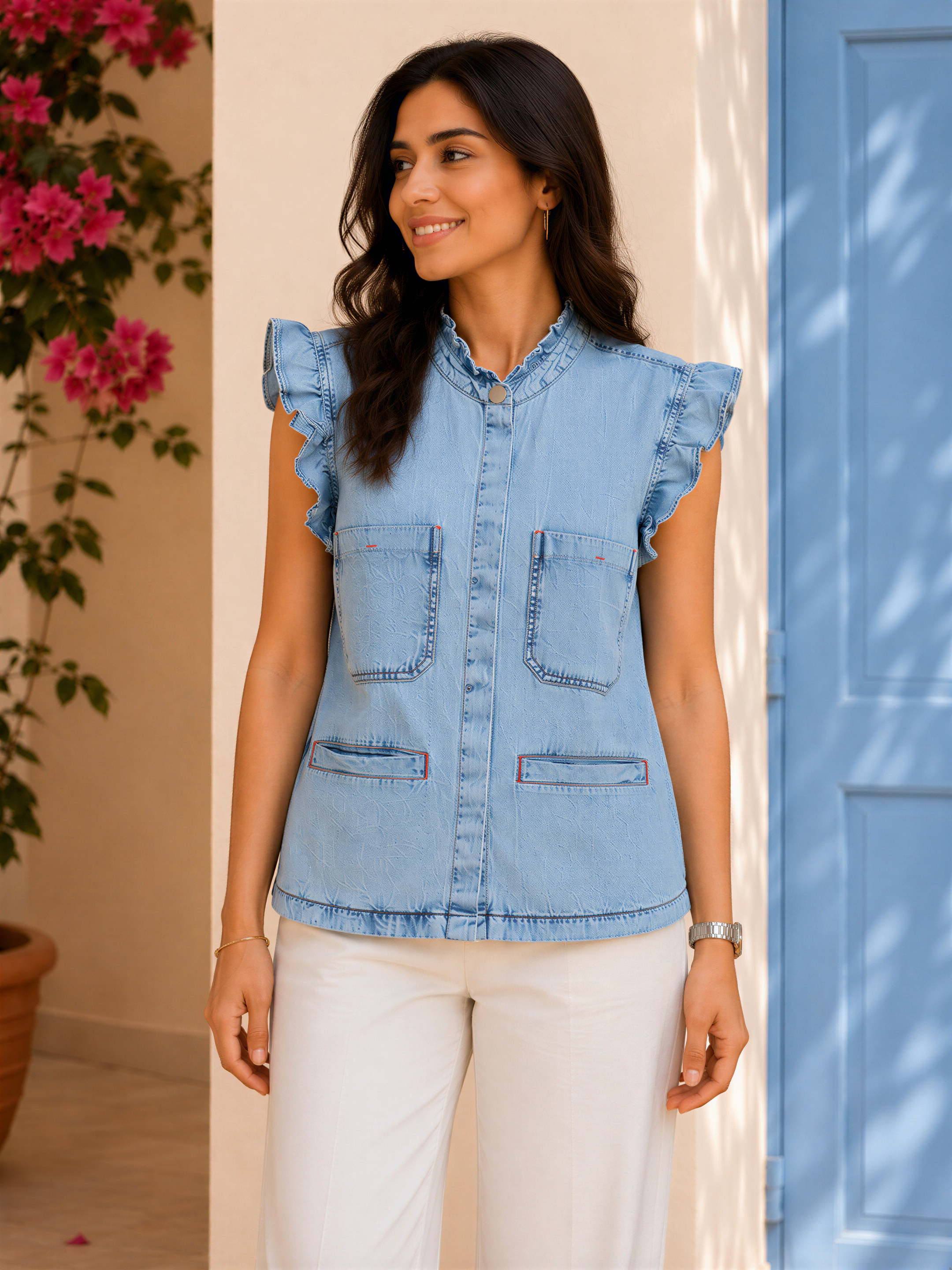 A woman wearing a blue denim vest with ruffled sleeves and white pants stands in front of a blue door with pink flowers.