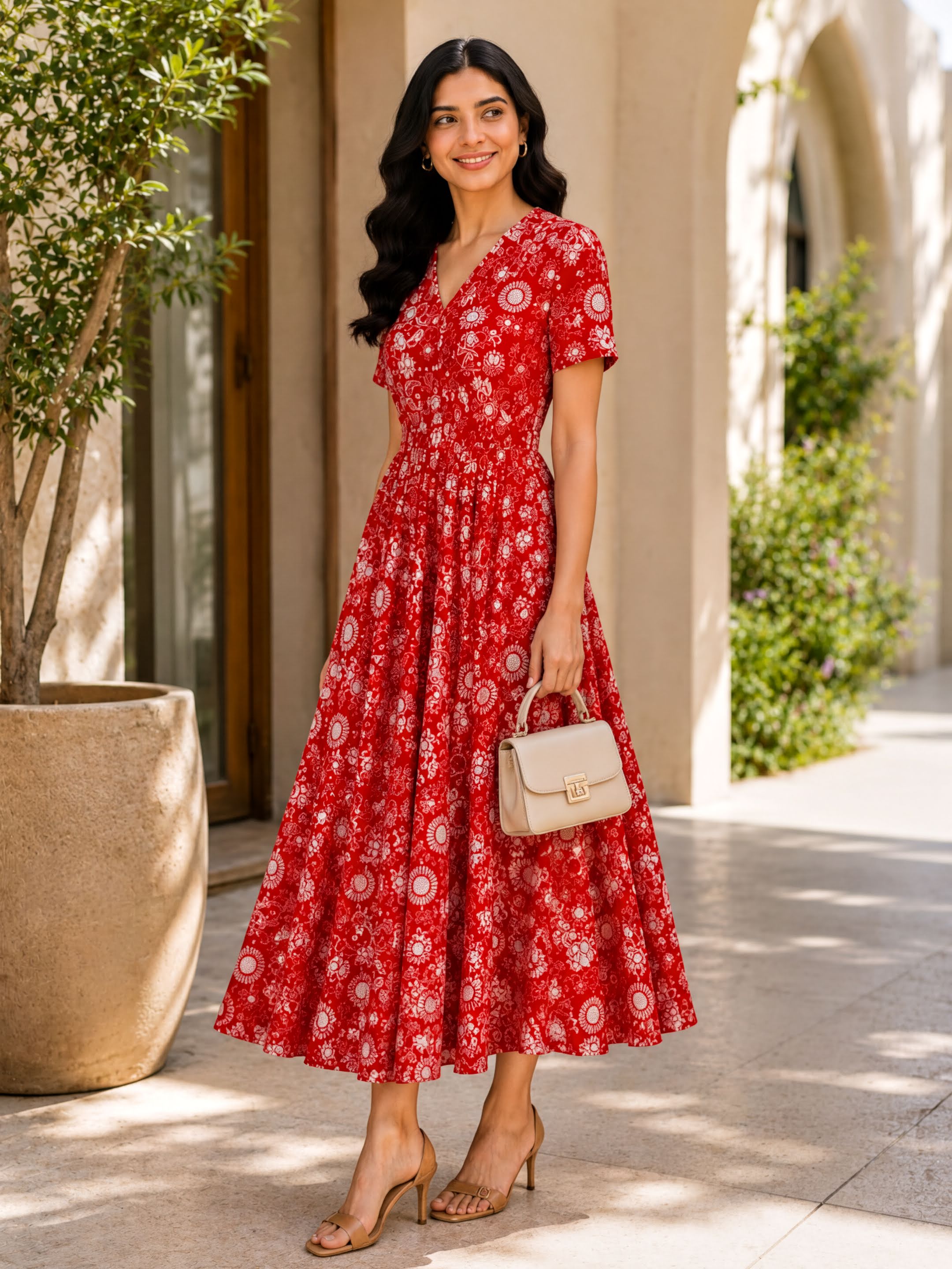 A woman wearing a red floral dress and holding a beige handbag stands in front of a building with arched windows.