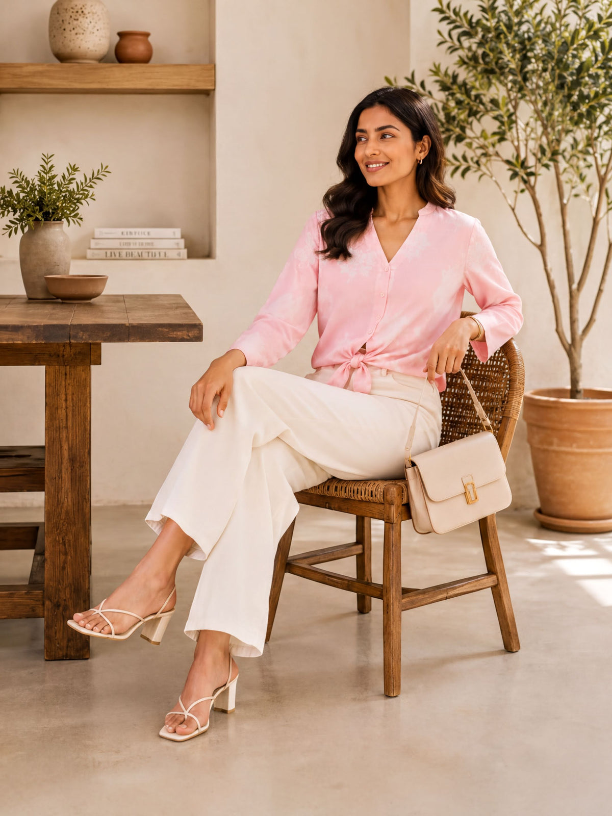 A woman in a pink blouse and white pants sits on a wooden chair, holding a small purse, with a wooden table and potted plant nearby.