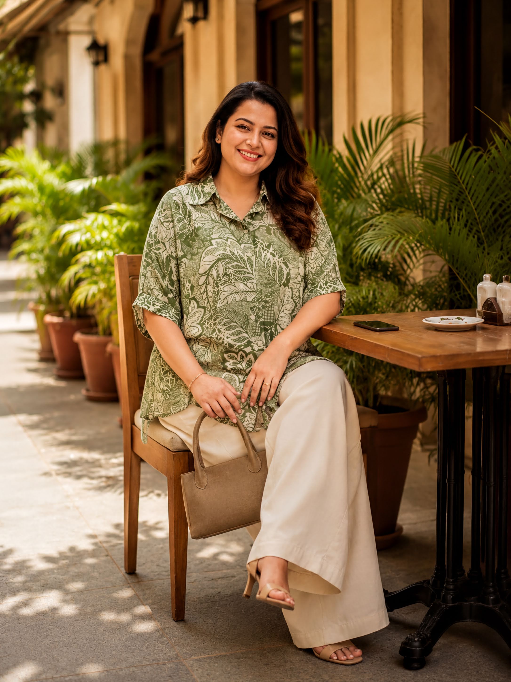 A woman in a green floral top and beige pants is sitting at a table outdoors, smiling and holding a purse.