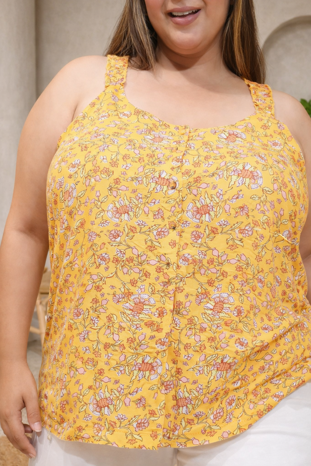 Plus Size Yellow Floral Print Viscose Top