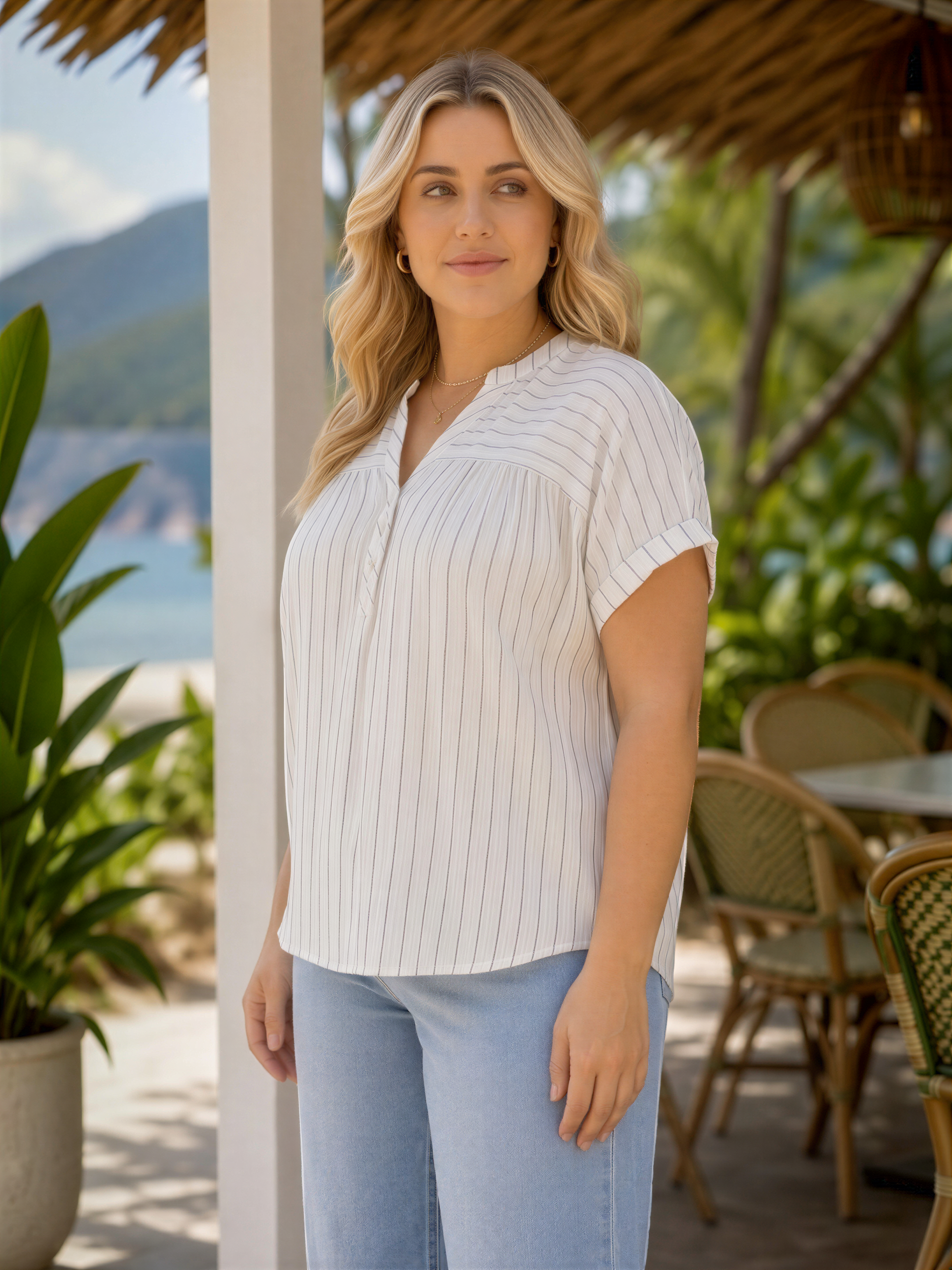 A woman with long blonde hair is standing in front of a tropical-themed restaurant, wearing a white striped blouse and blue jeans.