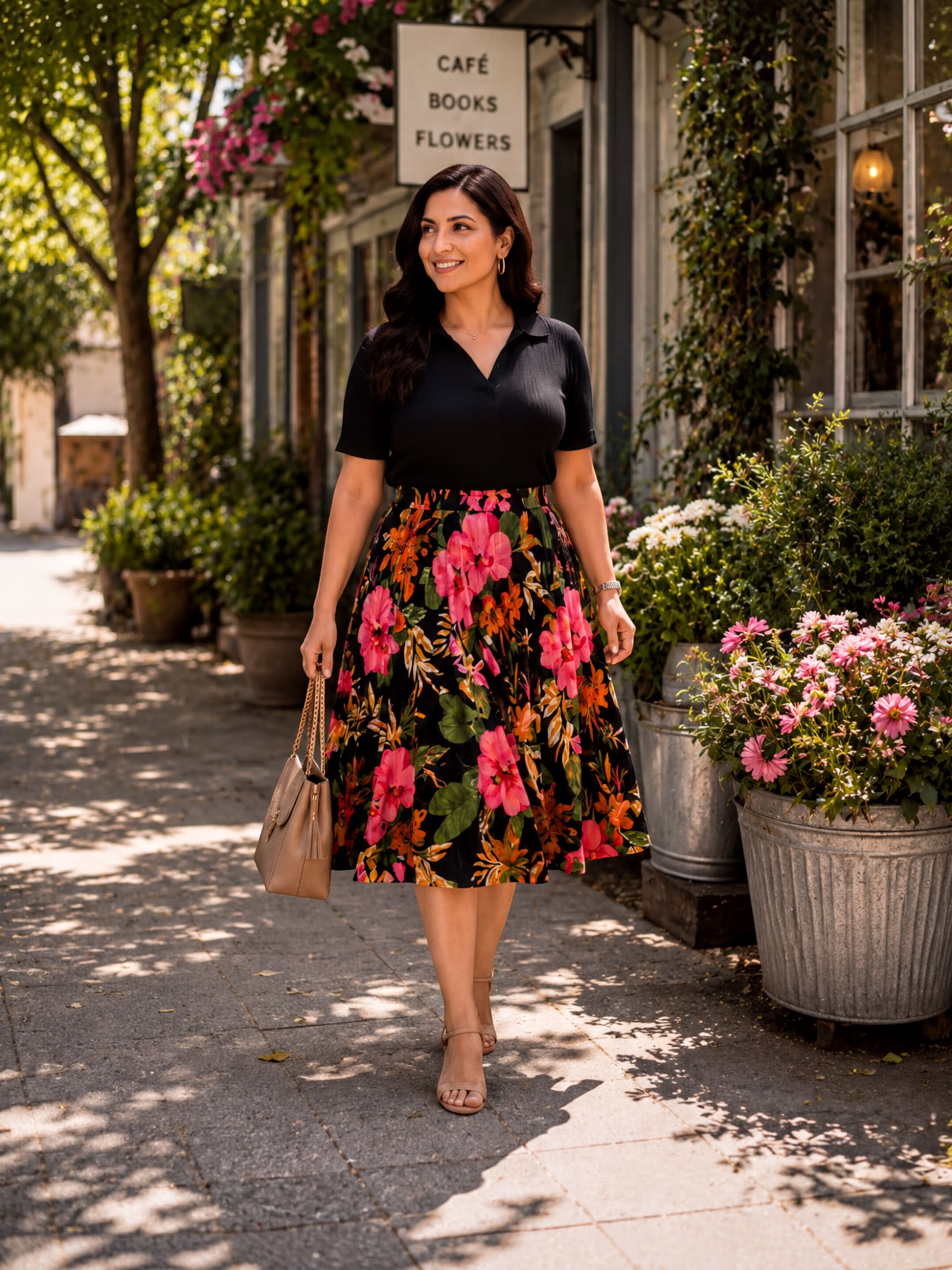 A woman wearing a black top and a colorful floral skirt is walking down a sidewalk lined with potted plants and flowers. She is carrying a beige handbag and smiling.