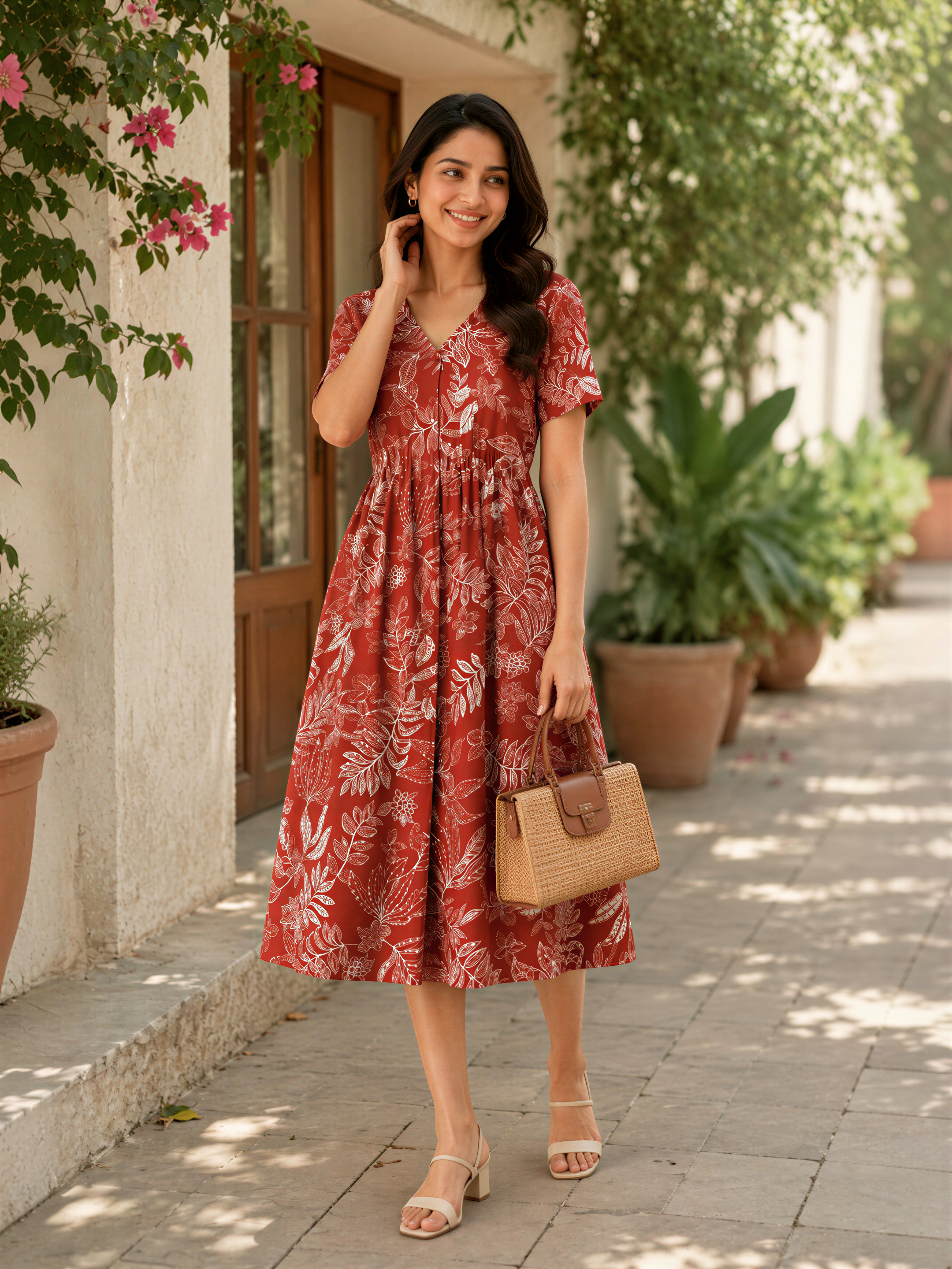A woman in a red floral dress stands on a sidewalk, smiling and holding a woven handbag.