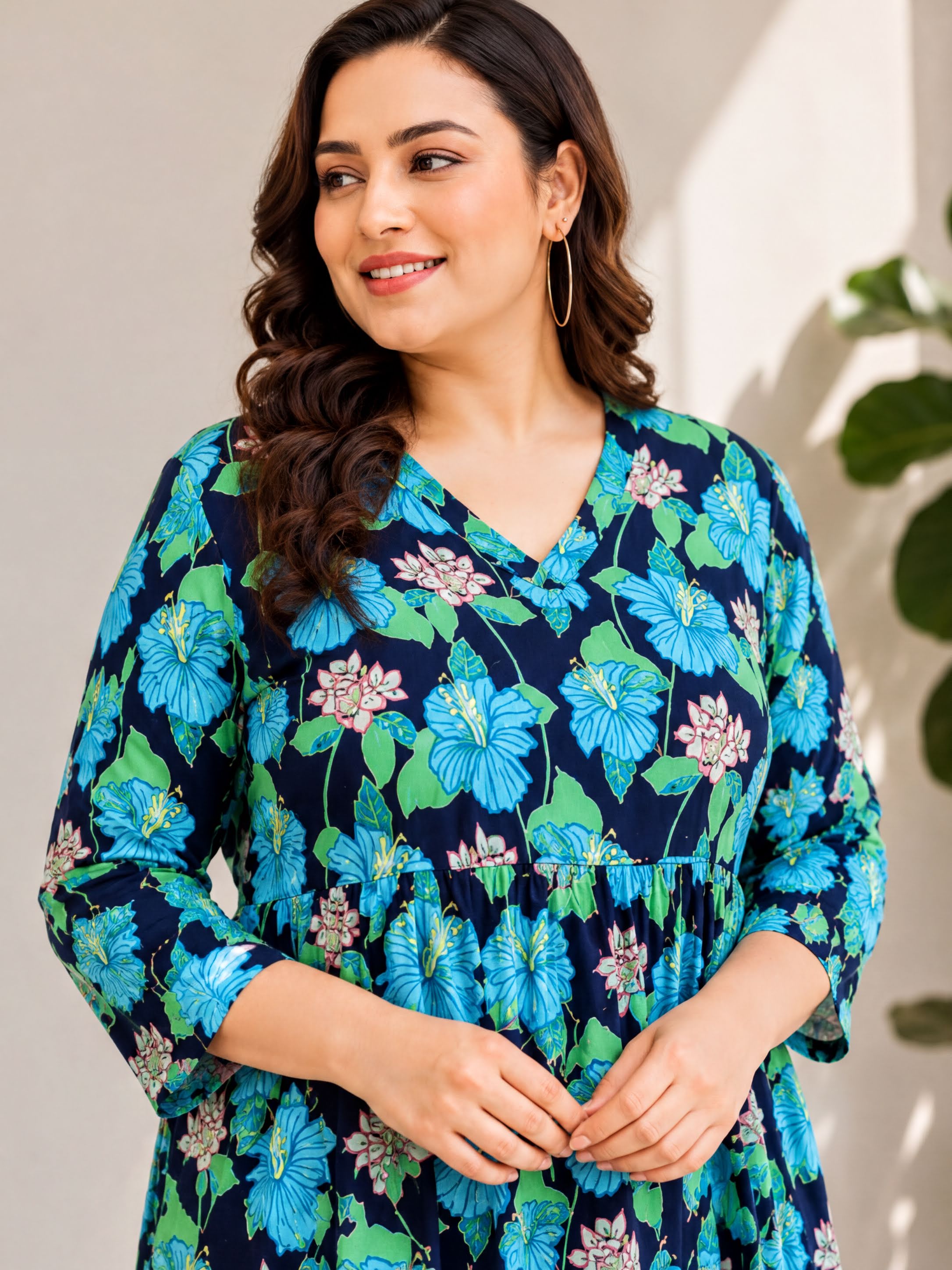 plus size multicolor floral print v neck long sleeve knee length dress