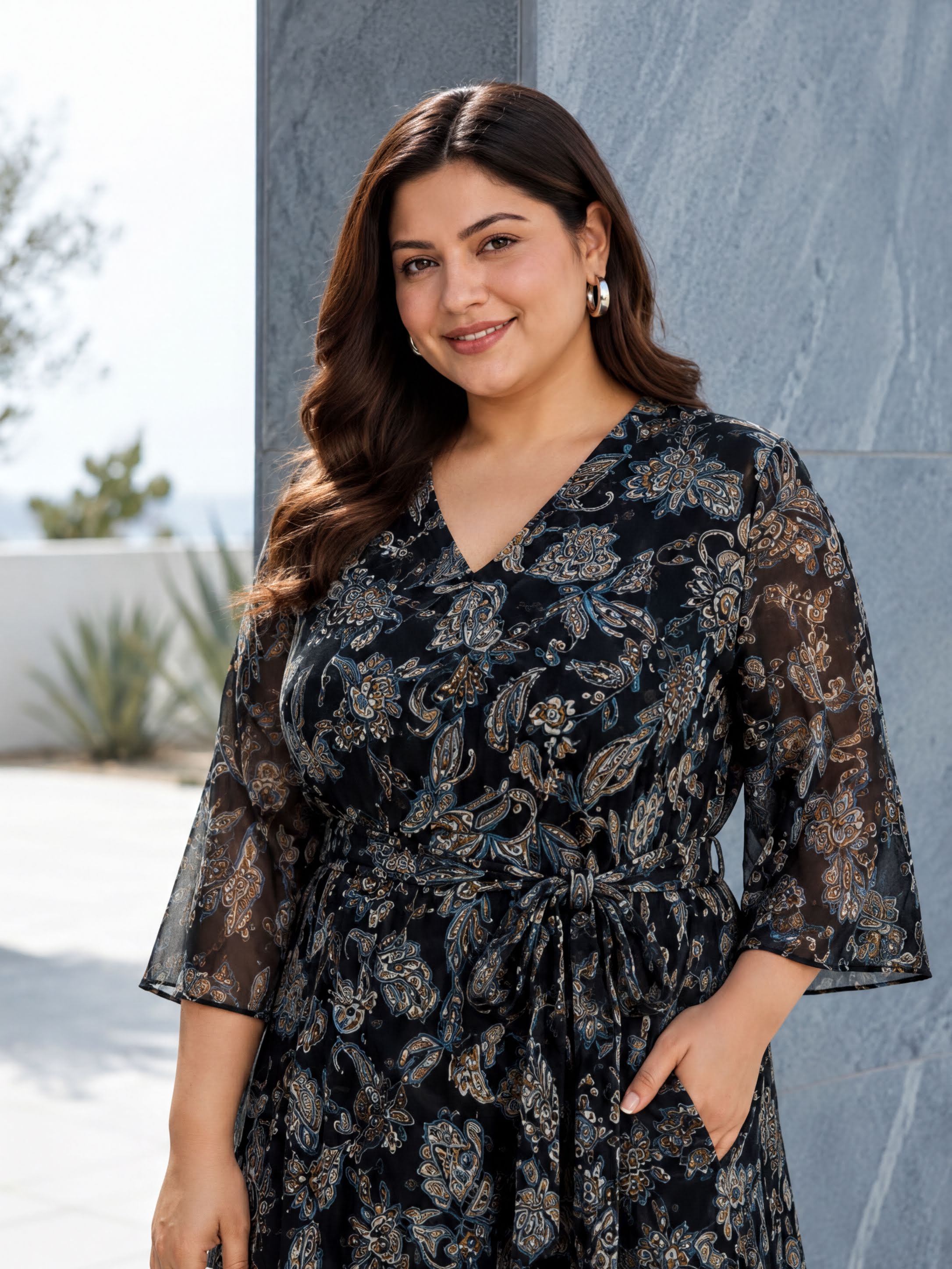 A woman wearing a black and gold floral print dress with a v neck and flared sleeves, smiling at the camera.