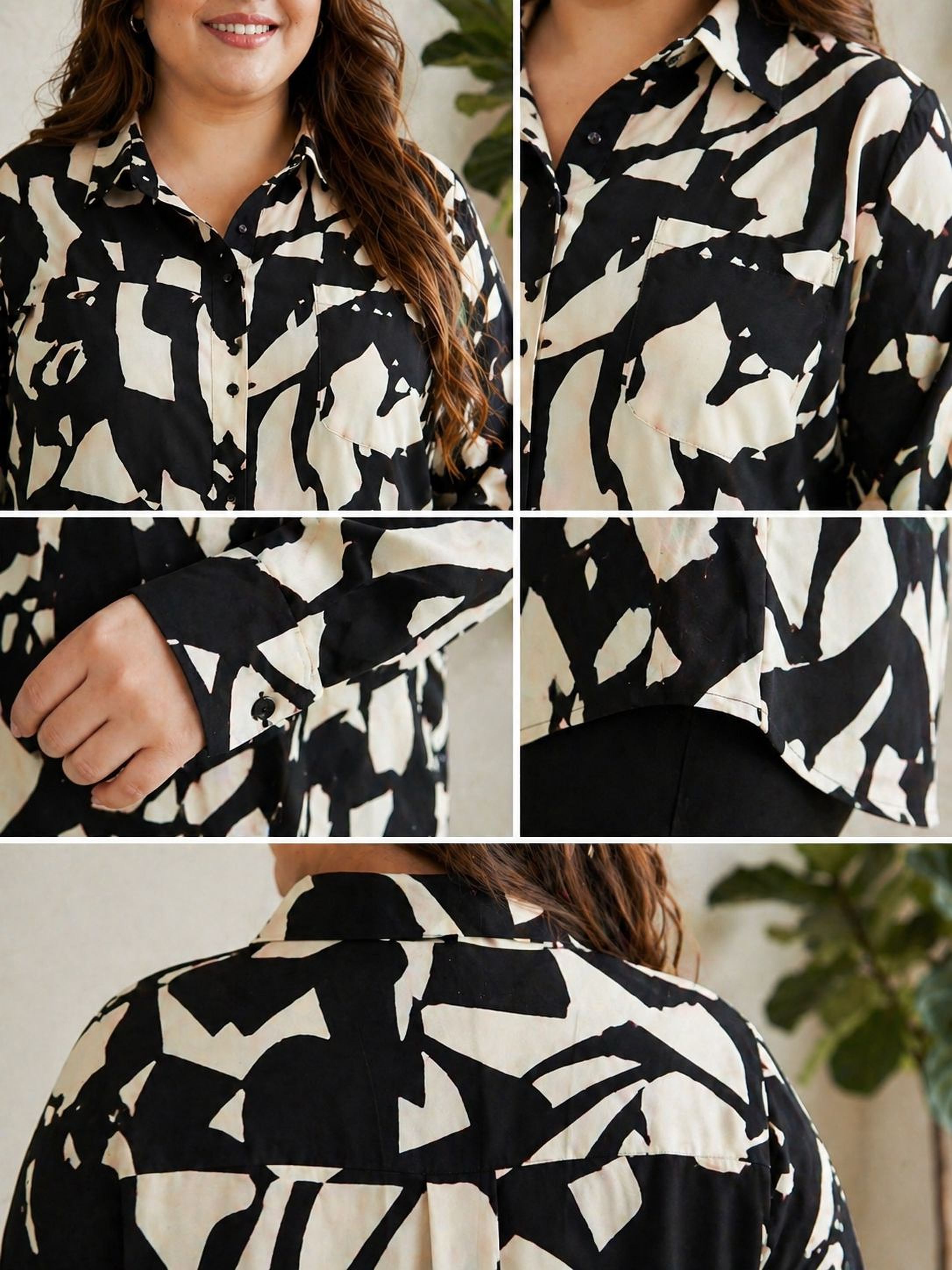 A collage of six close-up images of a woman wearing a black and white patterned shirt, showcasing different angles and details of the shirt.