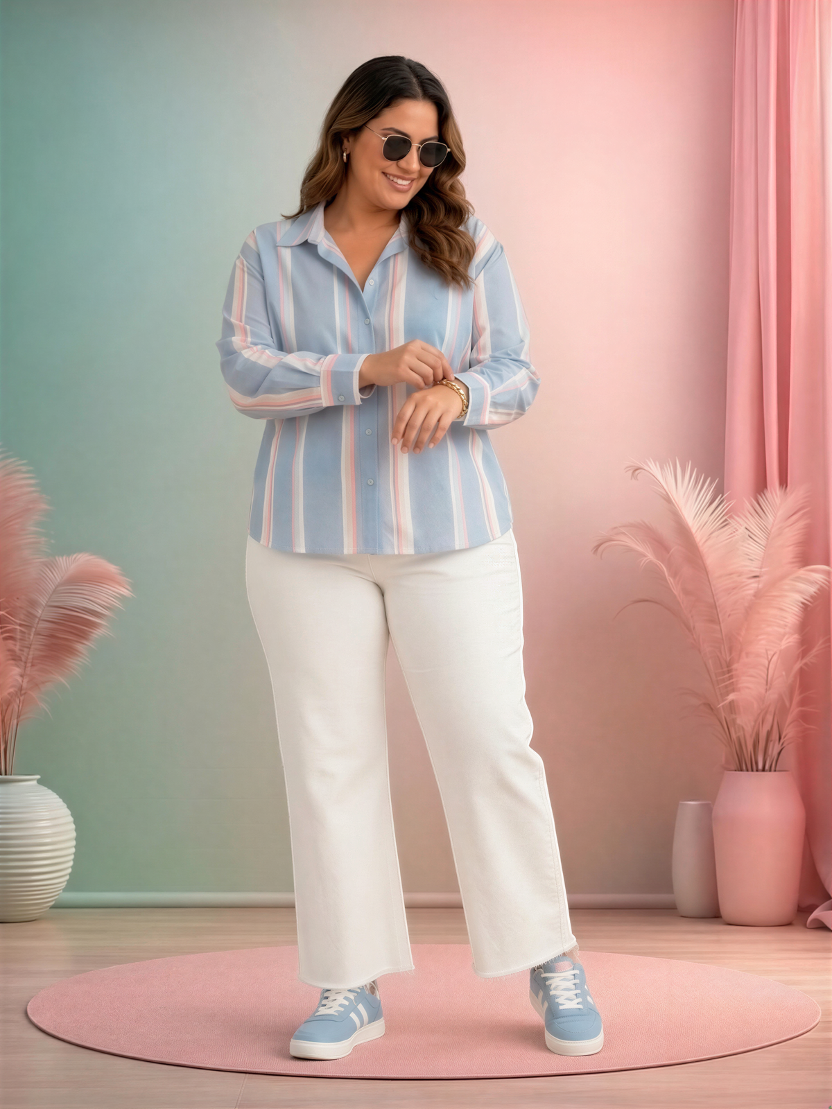 A woman wearing a striped shirt and white pants stands in a pink and green room, smiling and looking at the camera.