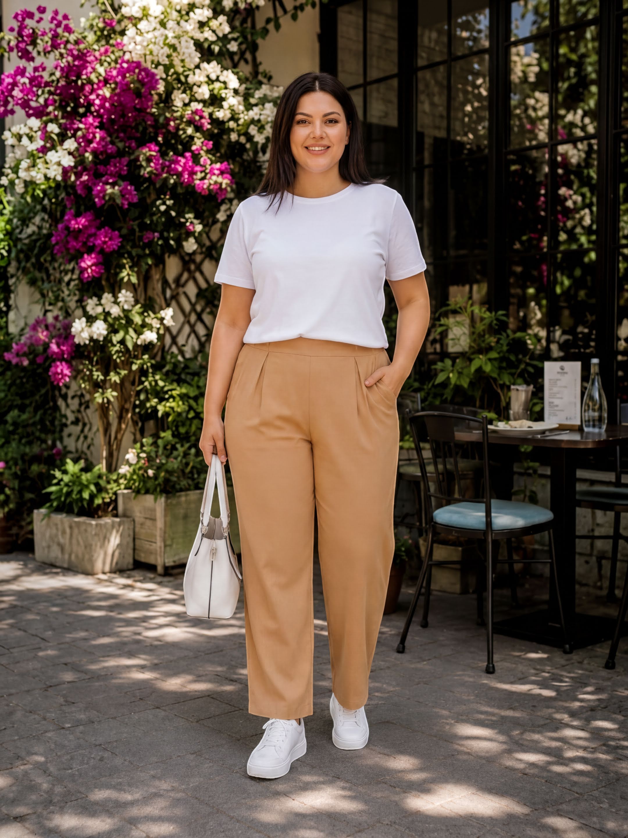 A woman wearing a white t-shirt, beige pants, and white sneakers is standing in front of a building with a table and chairs. She is holding a white purse and has a smile on her face.