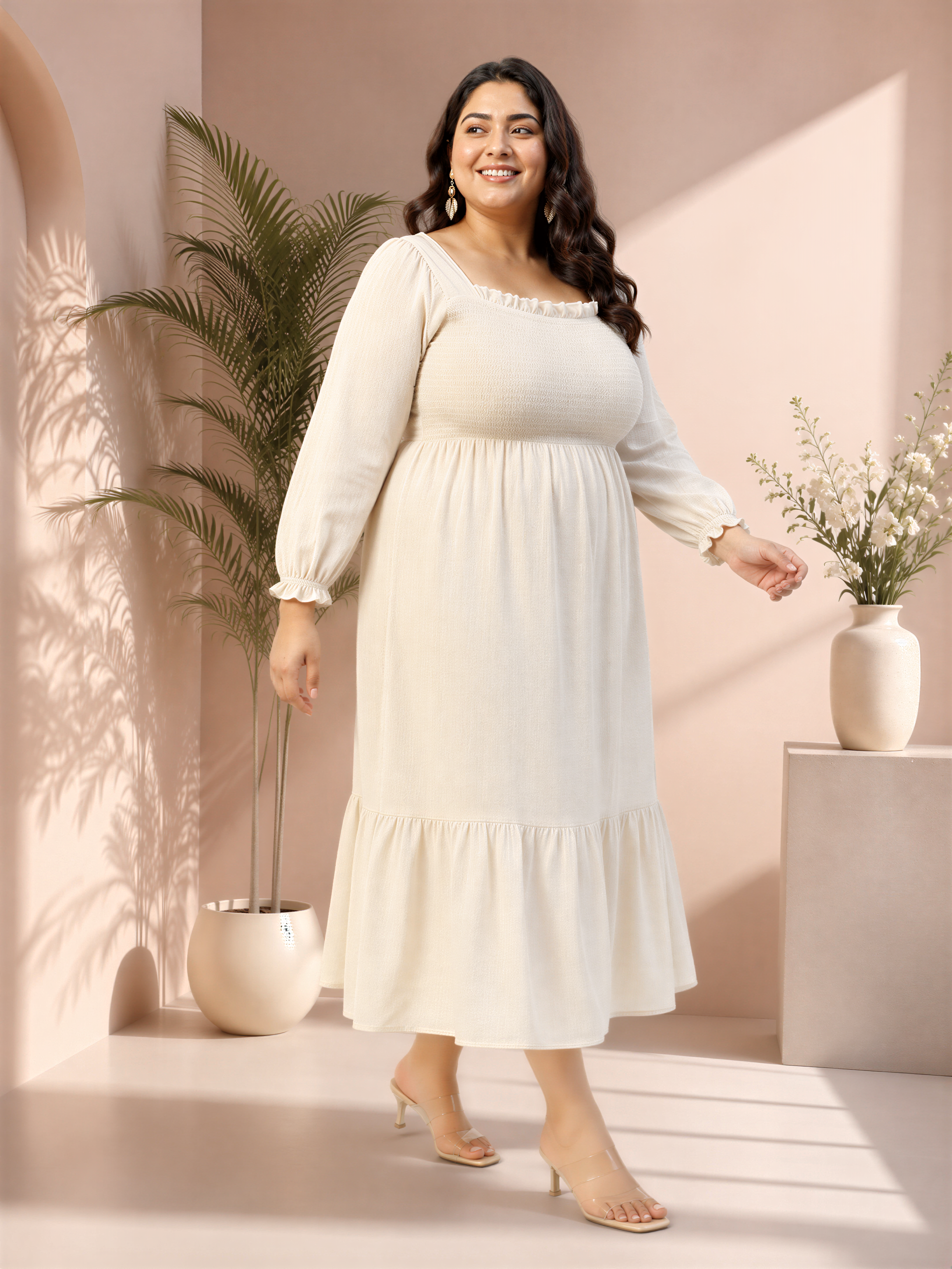 solid beige long sleeve plus size dress