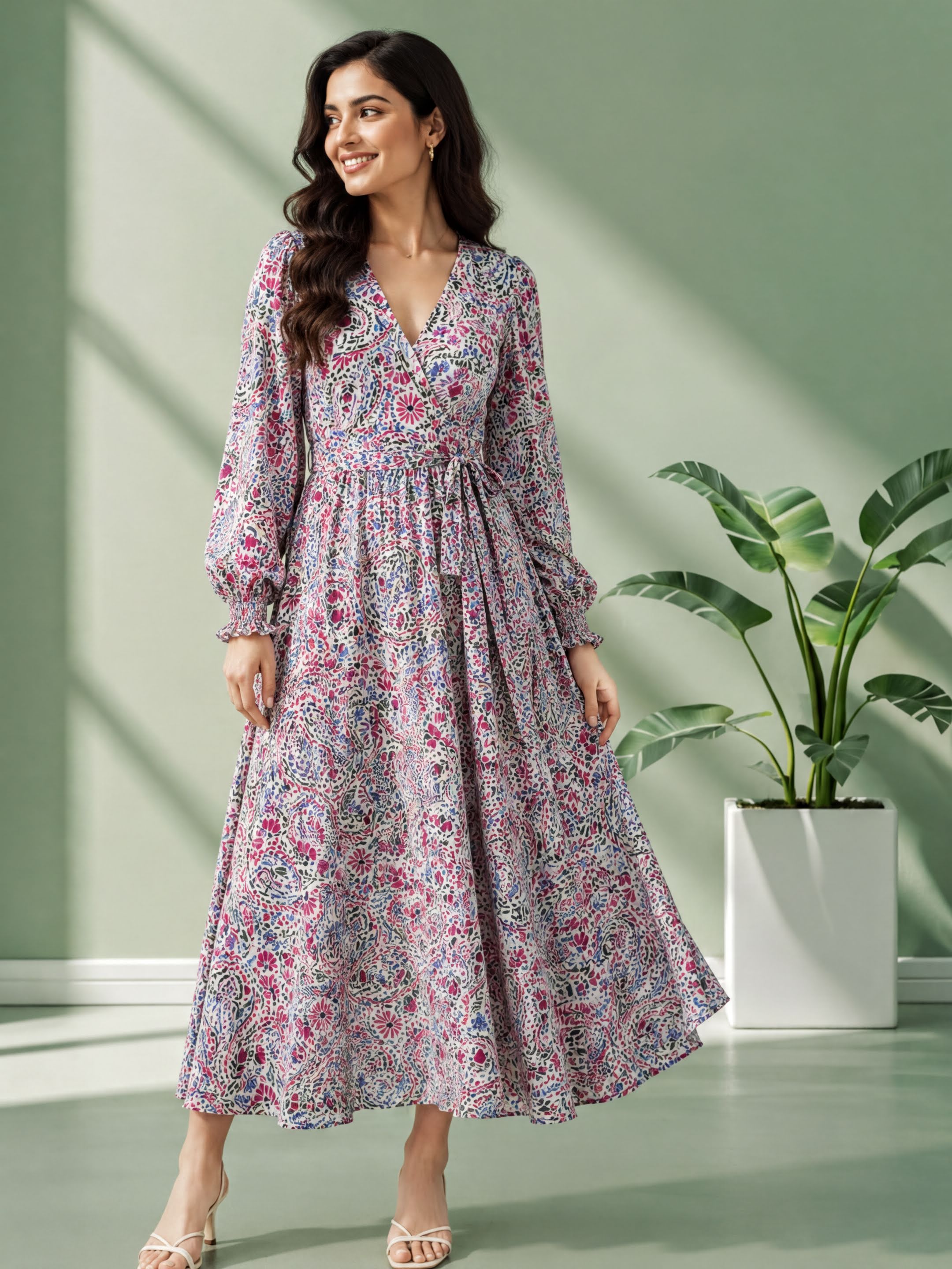 A woman wearing a long, floral print dress stands in a room with a potted plant in the background.