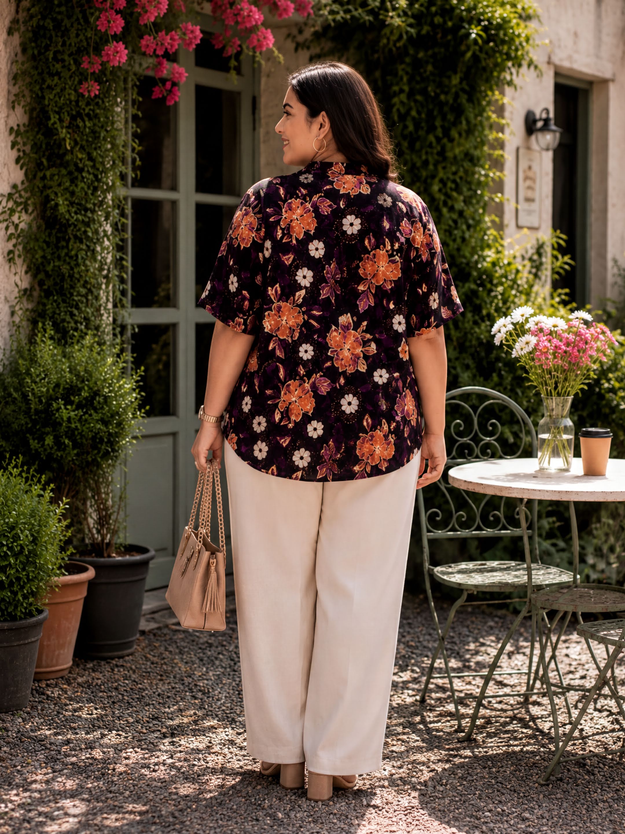 A woman wearing a floral print blouse and white pants stands in front of a building with a table and chairs, holding a purse and smiling.
