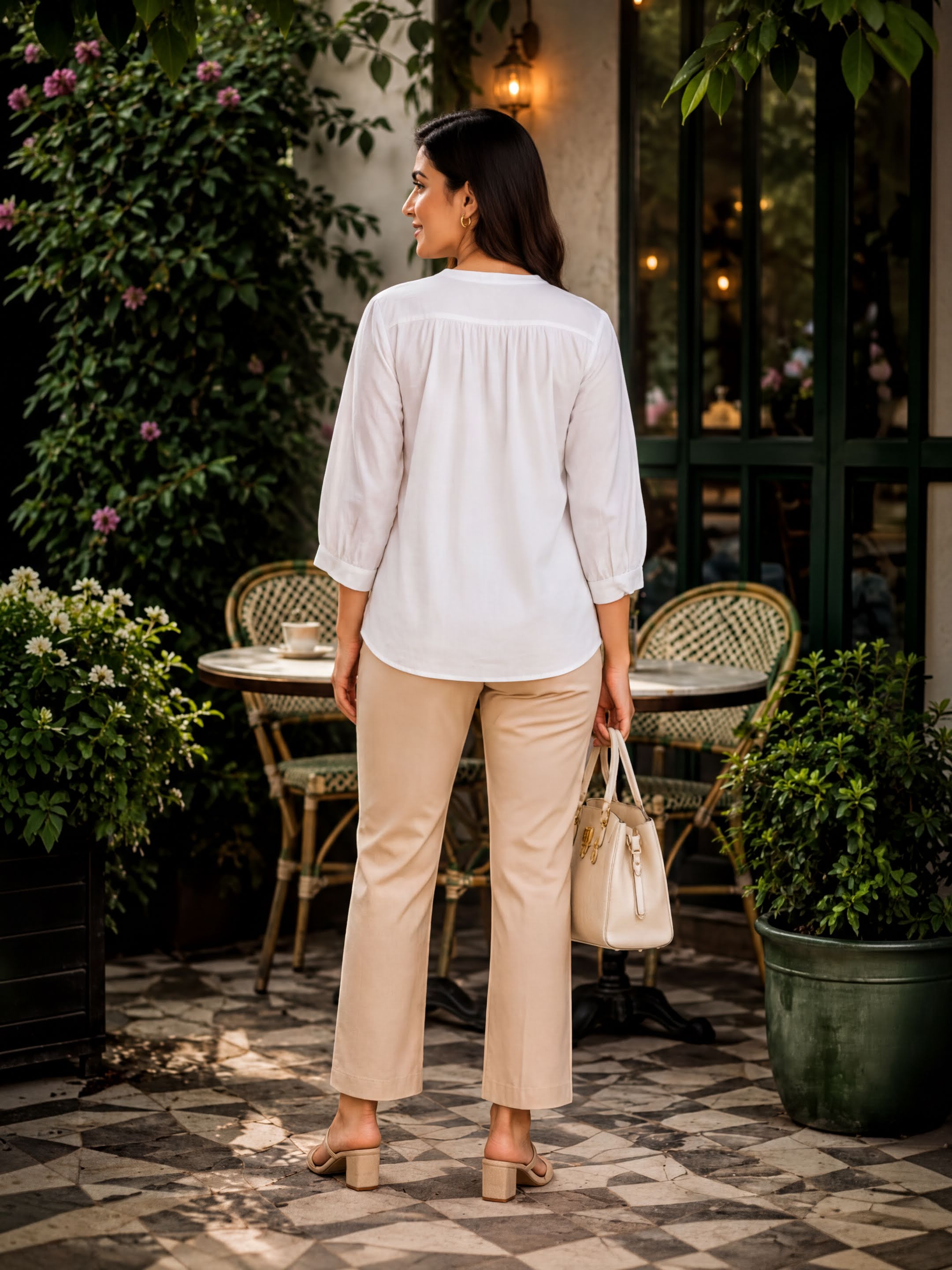 A woman in a white blouse and beige pants stands in front of a building with a green door and window, holding a white purse.