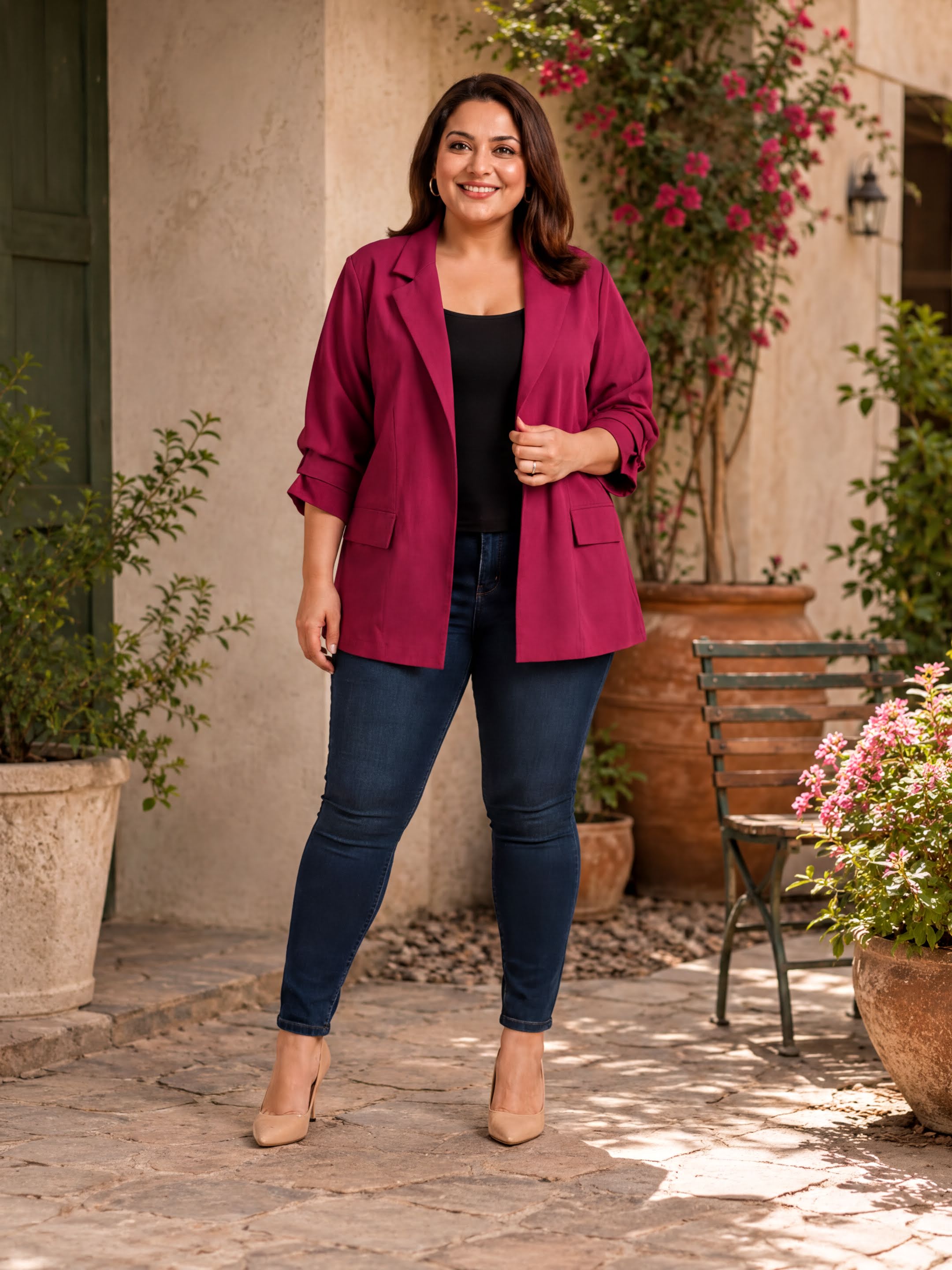 A woman wearing a red blazer, blue jeans, and heels is standing in front of a building with potted plants and a bench.