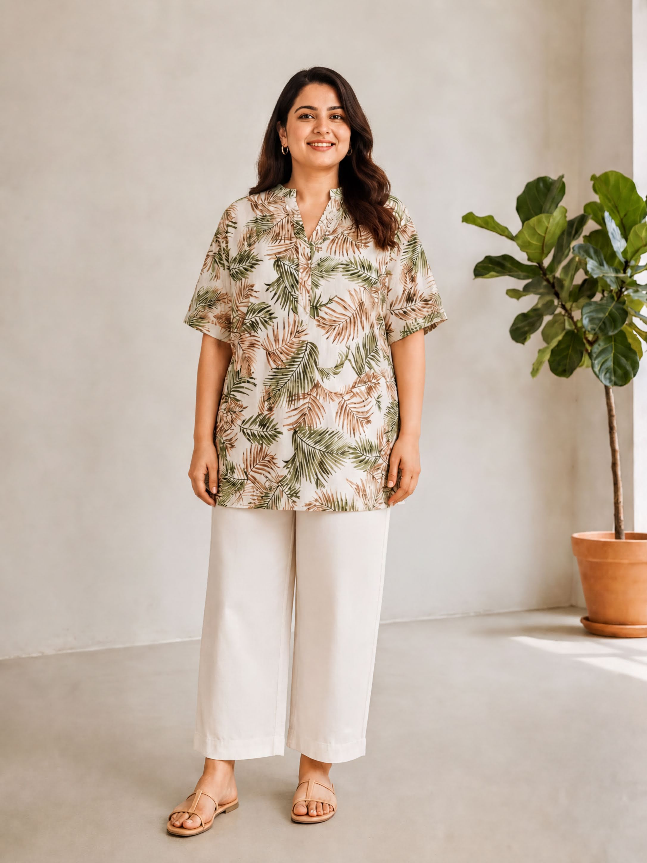A woman wearing a floral print shirt and white pants stands in a room with a potted plant to her right.