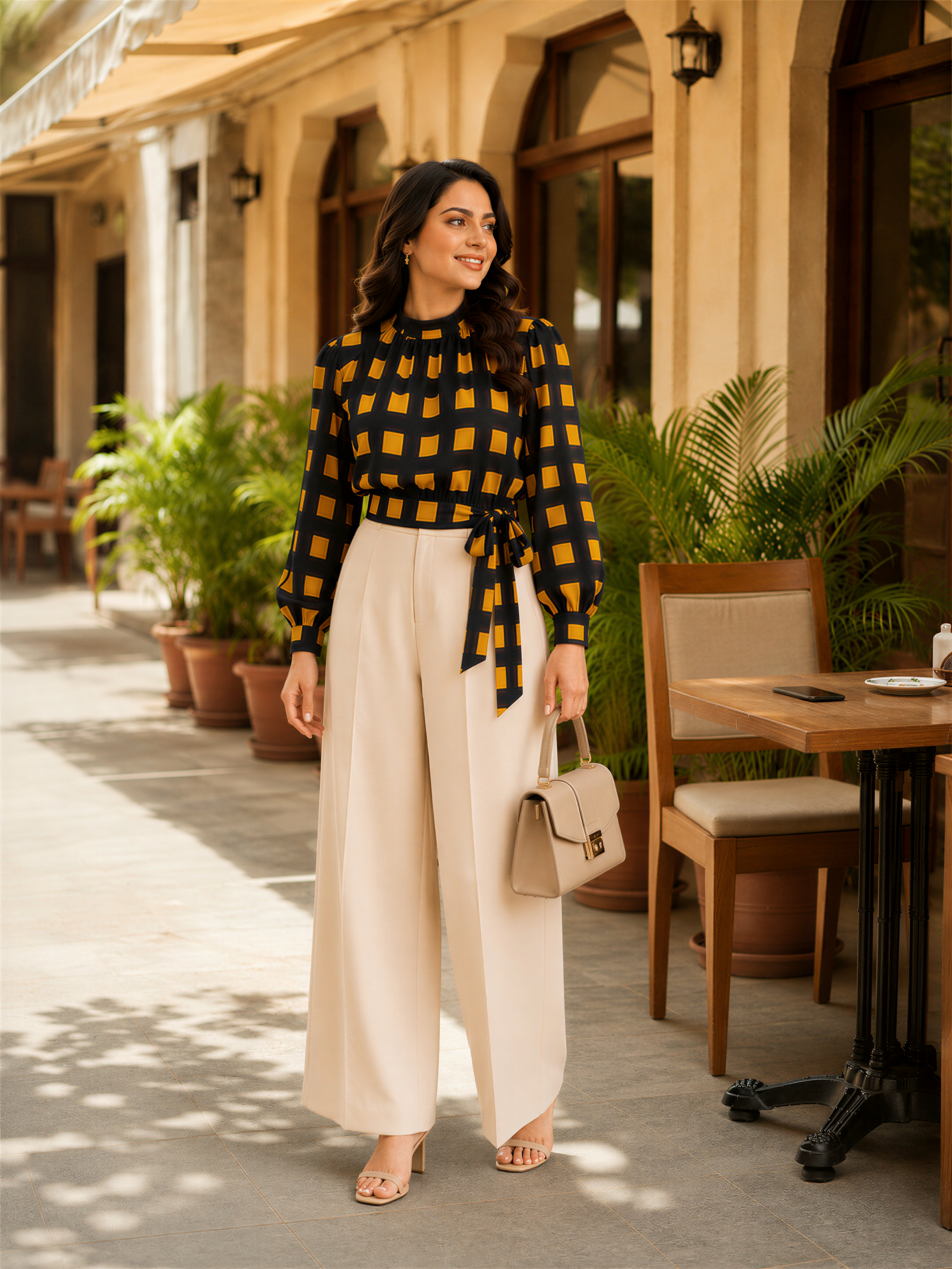 A woman wearing a black and yellow checkered blouse and beige wide leg pants, standing on a sidewalk next to a wooden table and chairs. She is holding a beige handbag and smiling.