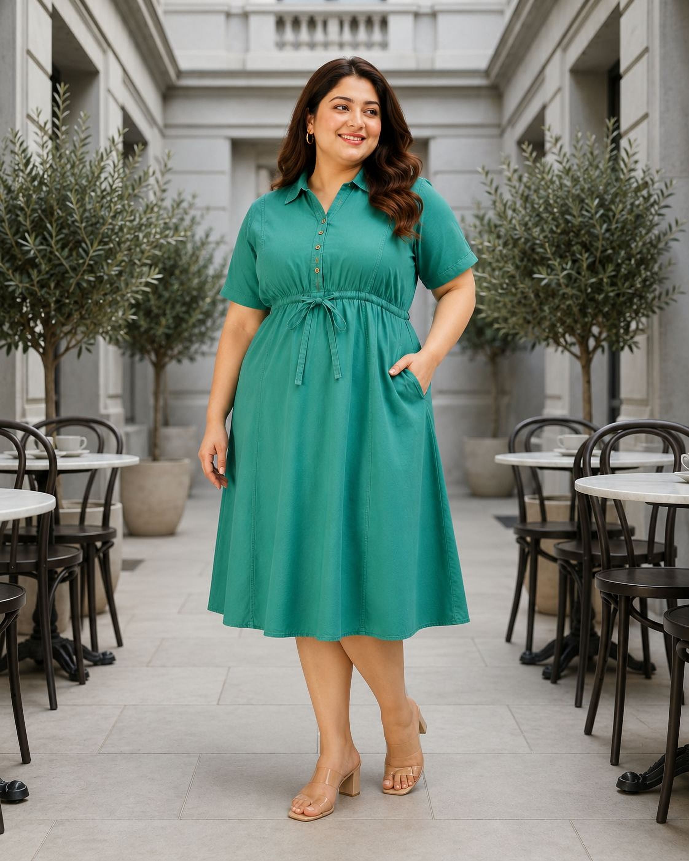 A woman in a green dress stands in a hallway with tables and chairs, smiling and looking directly at the camera.