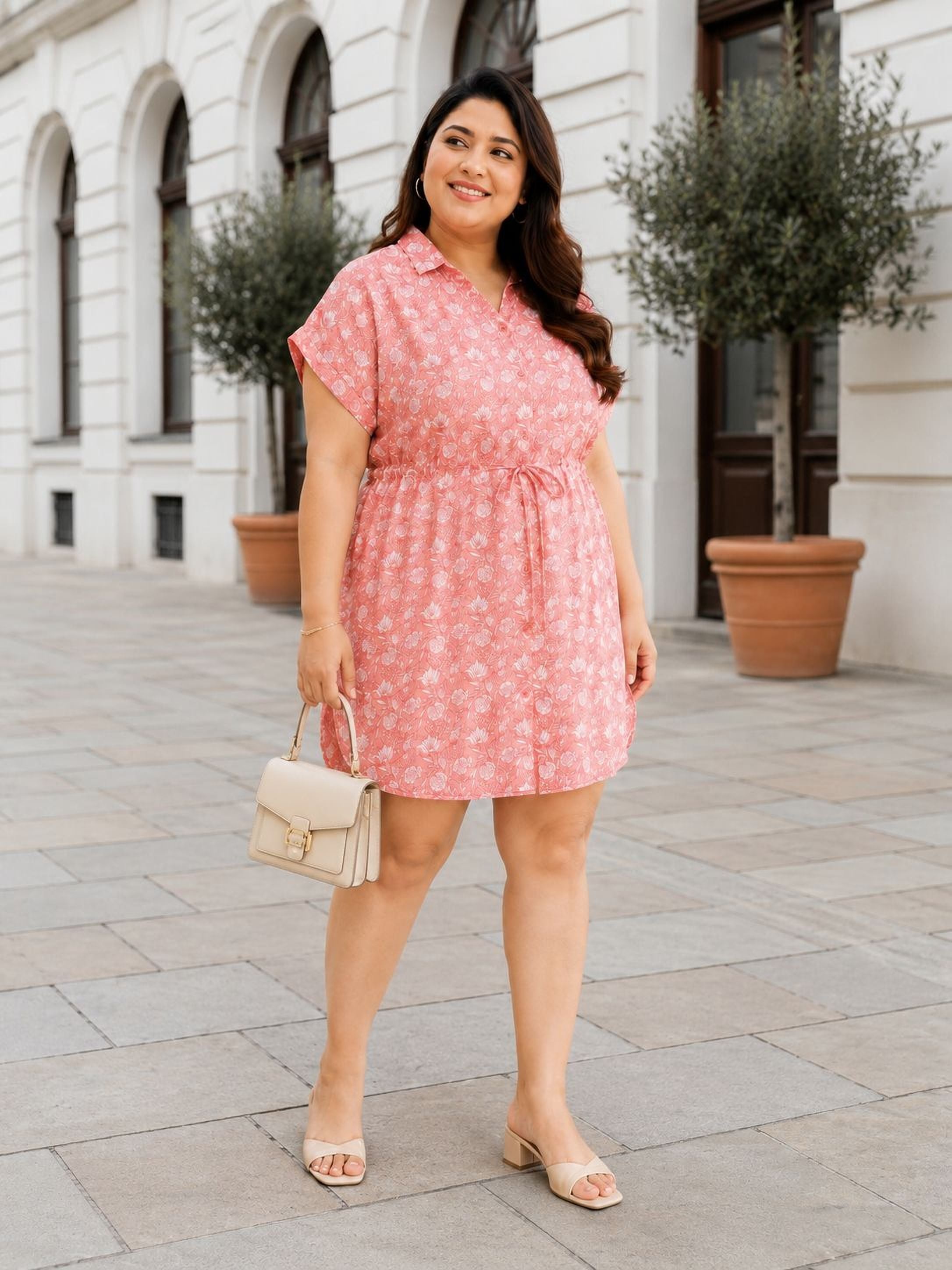 A woman wearing a pink floral dress and beige heels is standing on a sidewalk, smiling and holding a small beige handbag.