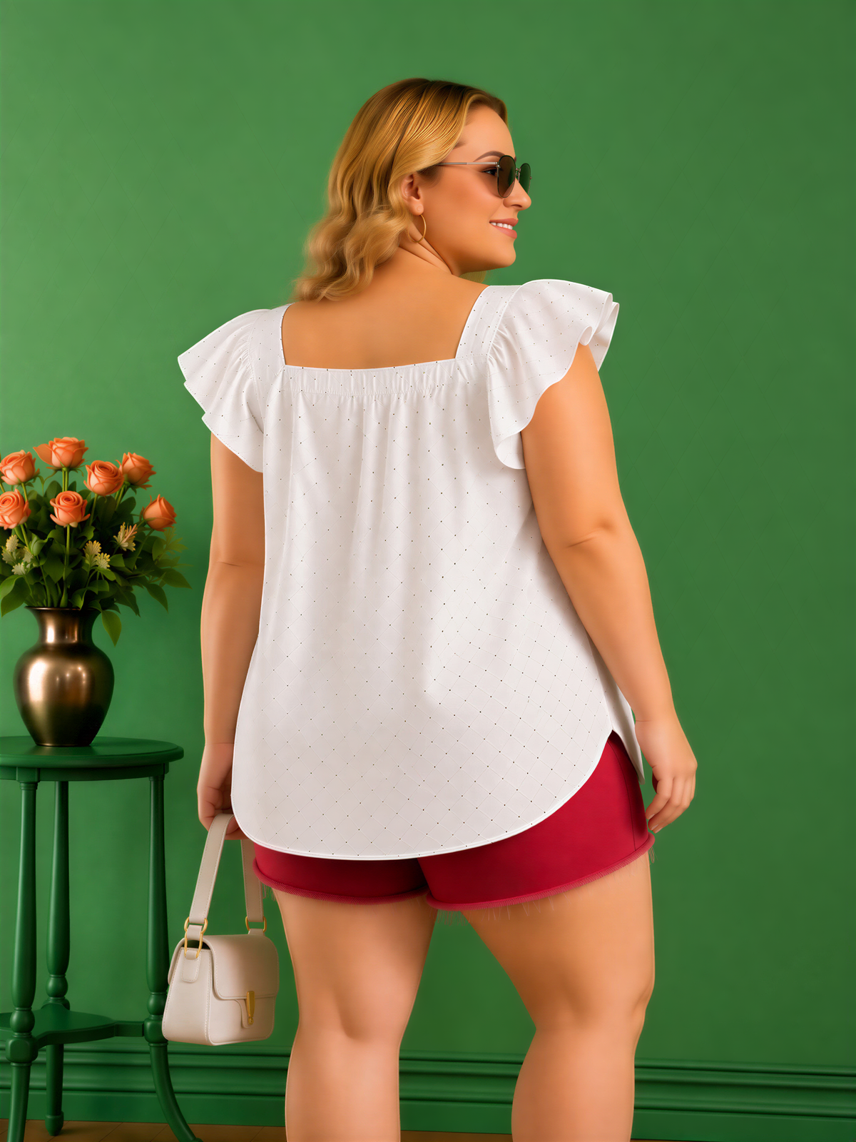 A woman wearing a white blouse with ruffled sleeves and red shorts stands in front of a green wall, smiling and holding a white purse.