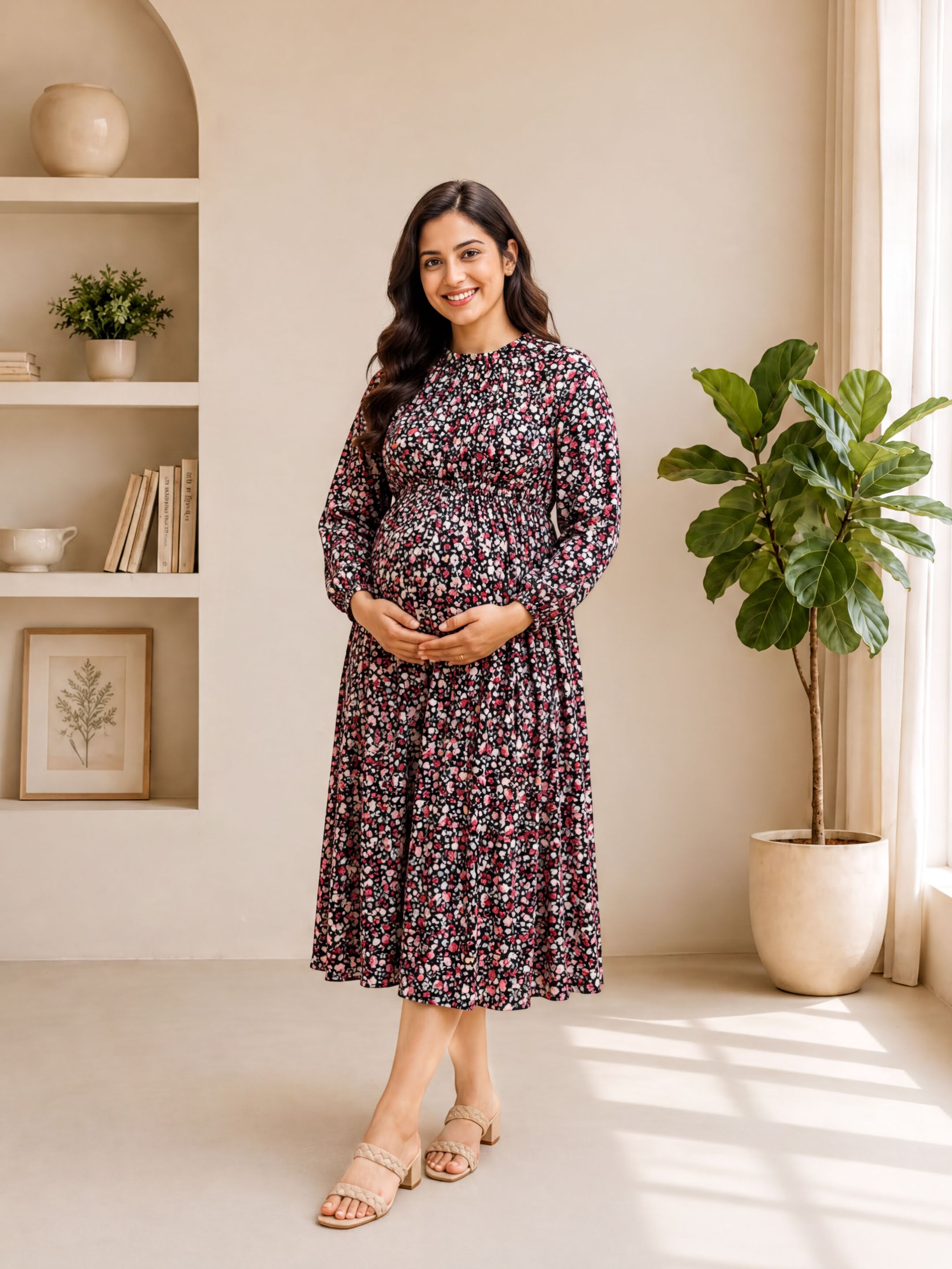 A woman wearing a long, floral print dress stands in a room with a window, smiling at the camera.