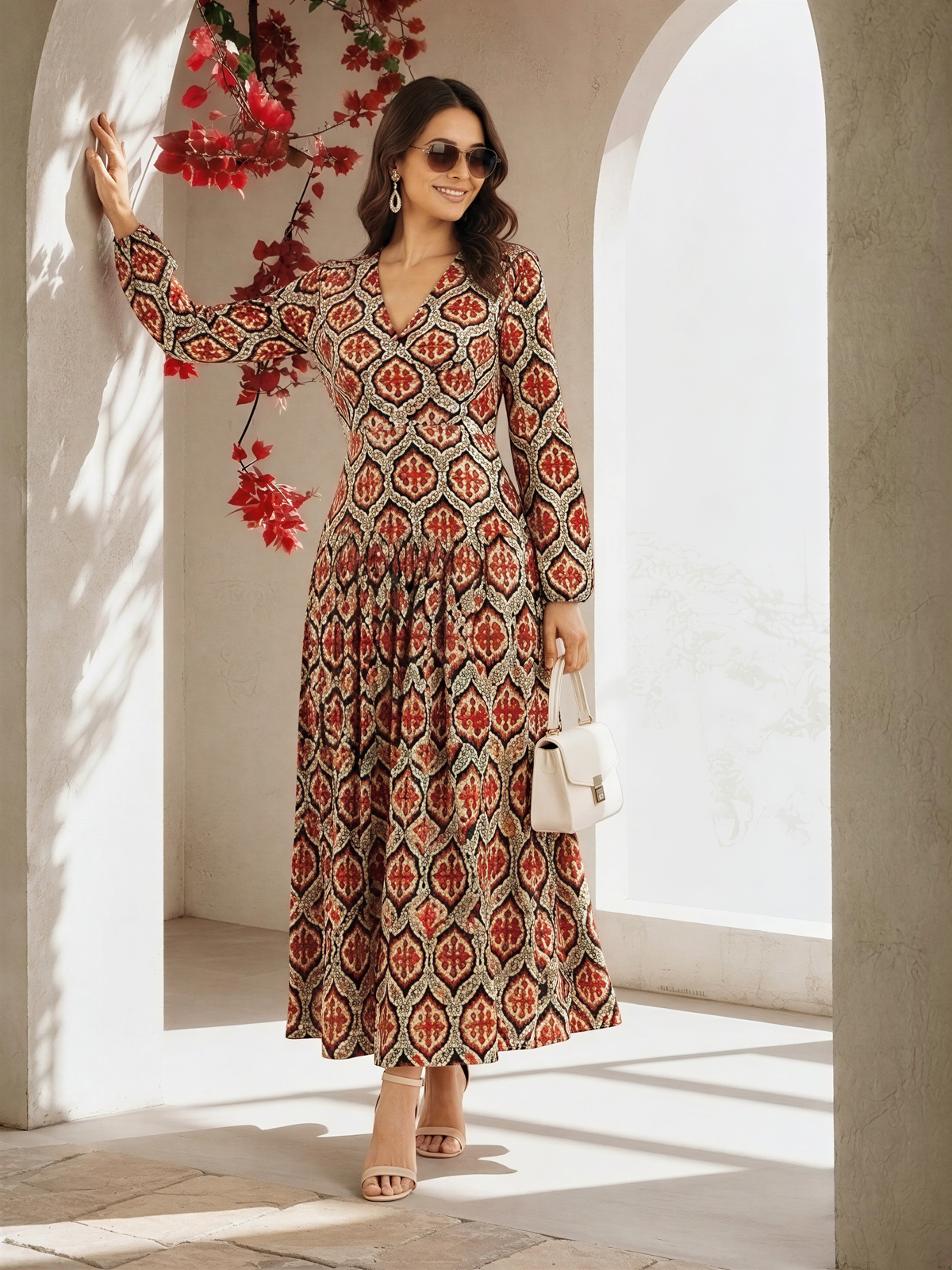 A woman wearing a long, patterned dress with a high neckline and long sleeves stands in a doorway with arched windows, smiling and holding a white purse.
