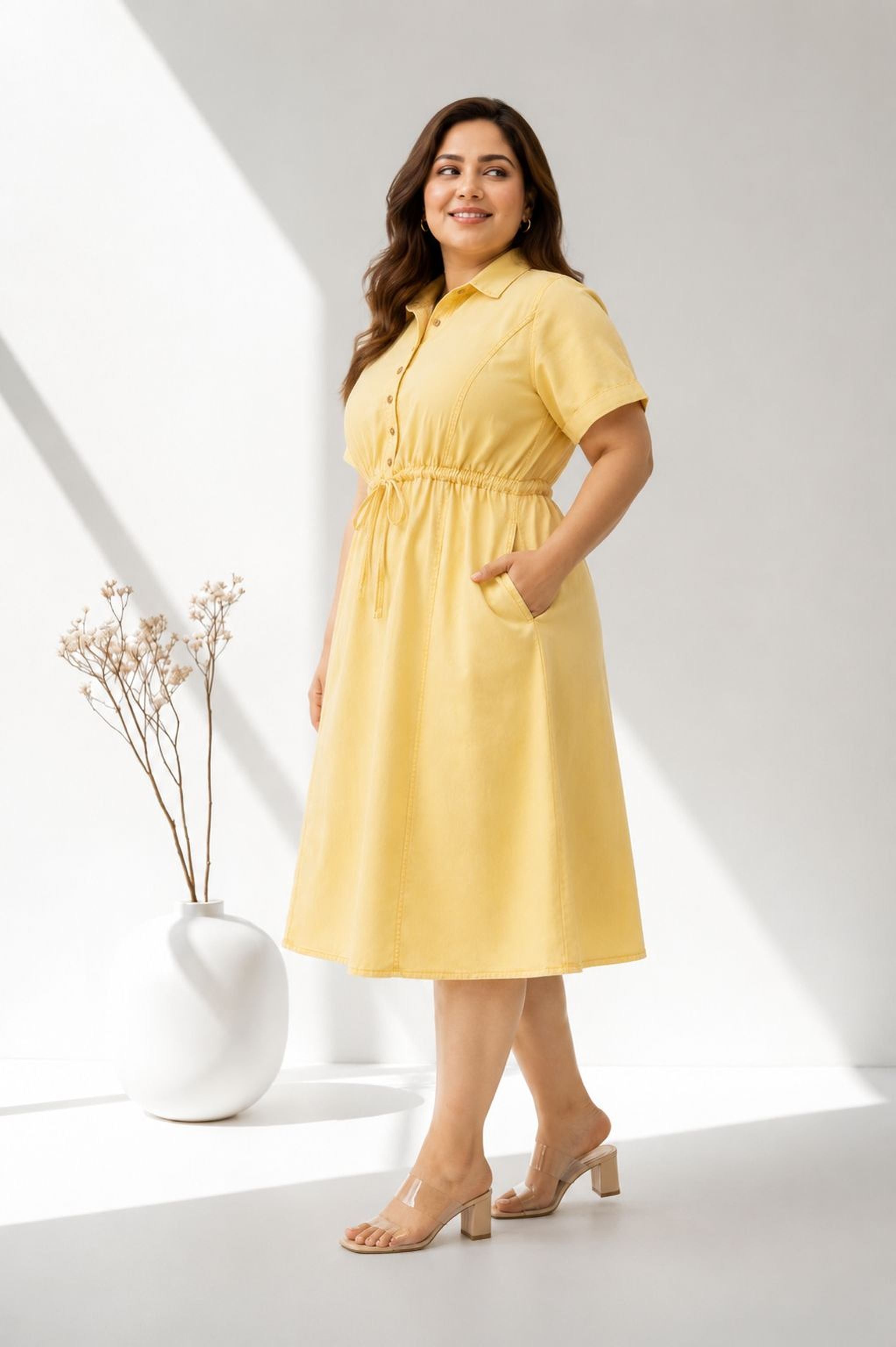 A woman in a yellow dress stands in a studio, smiling and looking to the side.