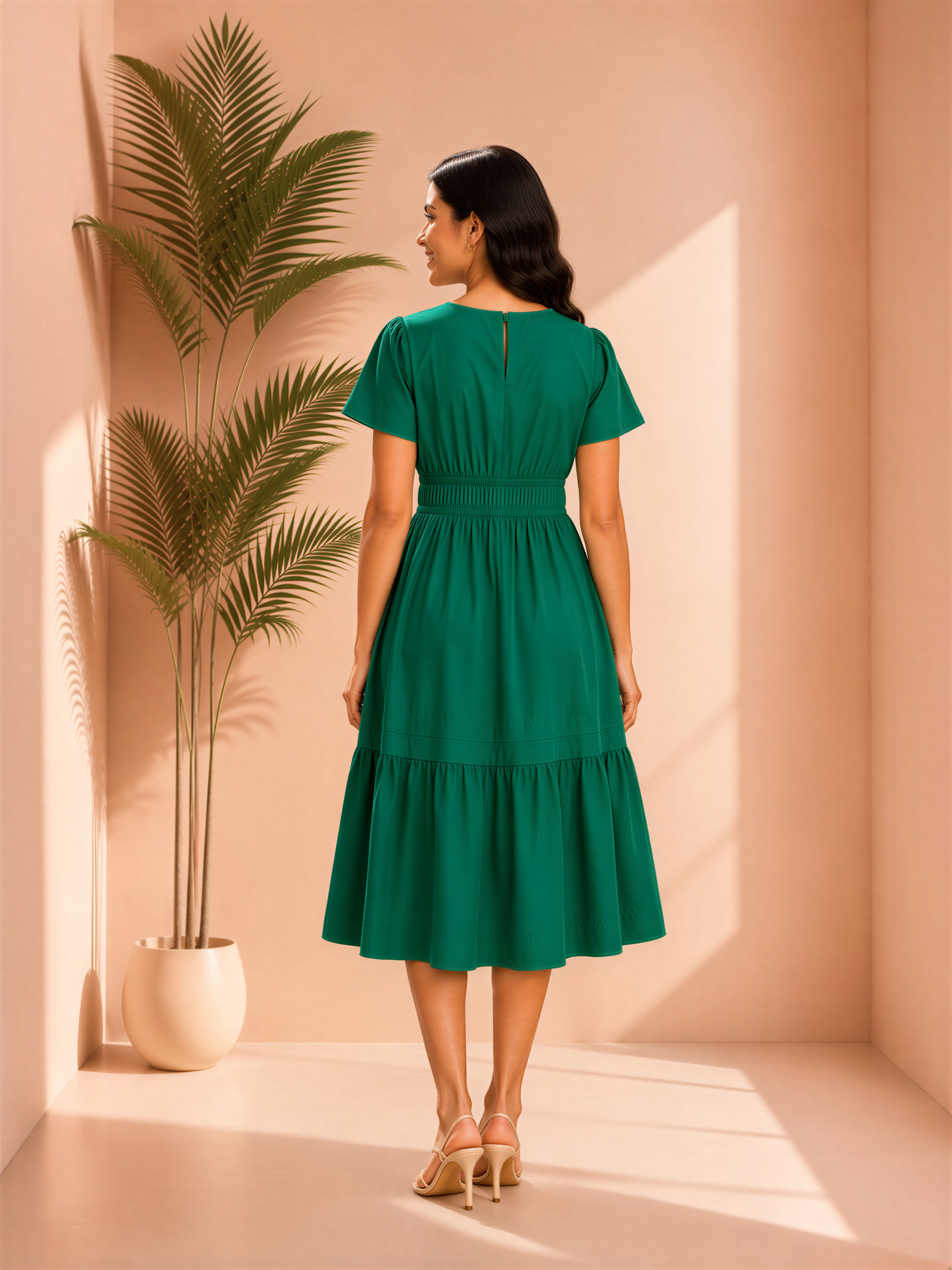 A woman wearing a green dress stands in a room with a potted plant and a pink wall.