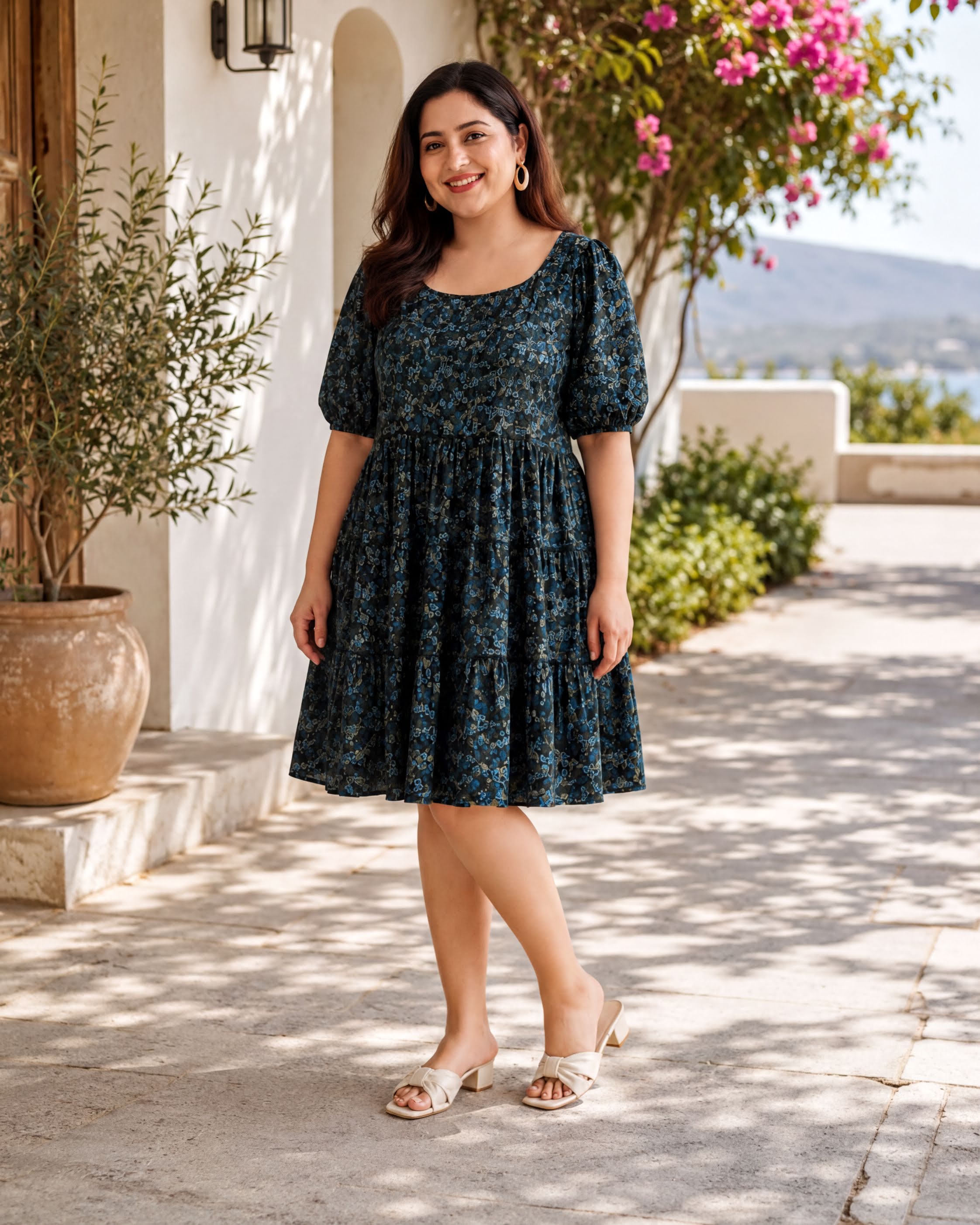 A woman wearing a blue floral dress and white heels stands on a sidewalk, smiling at the camera.