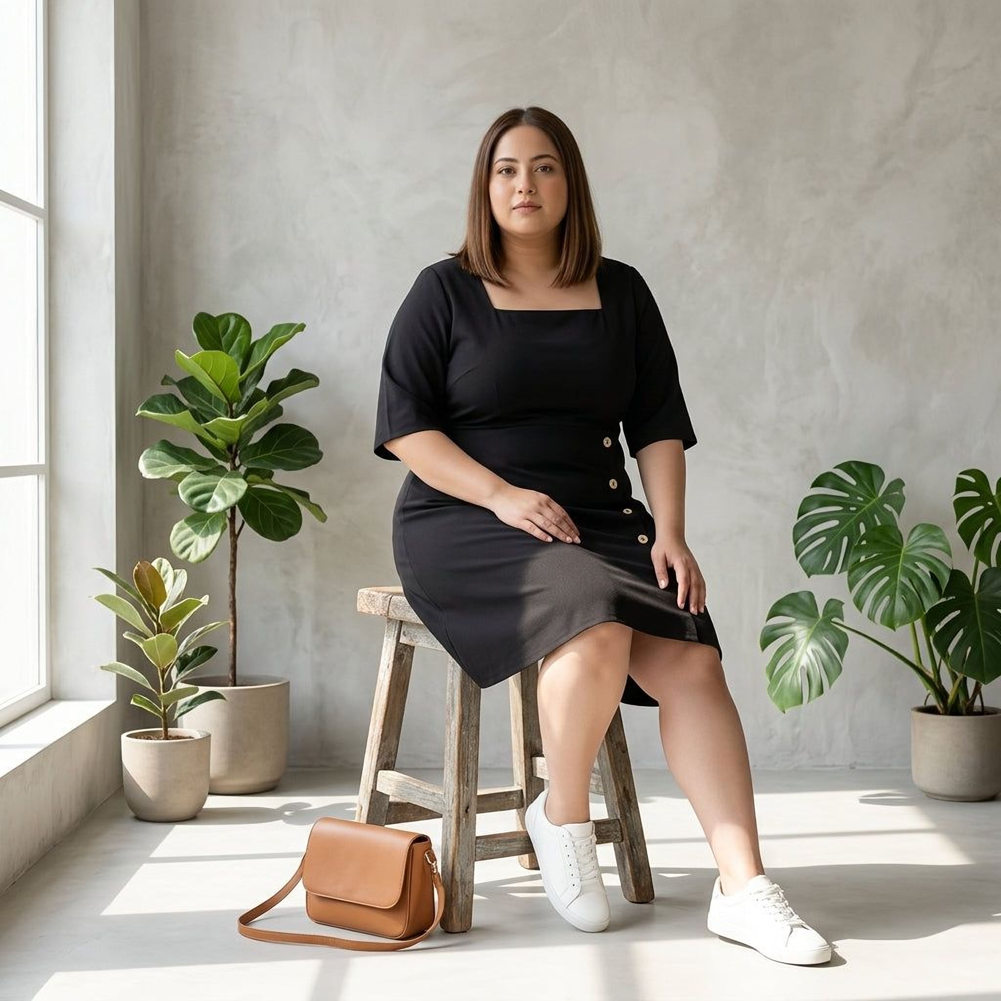 Plus size woman in black dress with white sneakers sitting on stool in modern room with plants