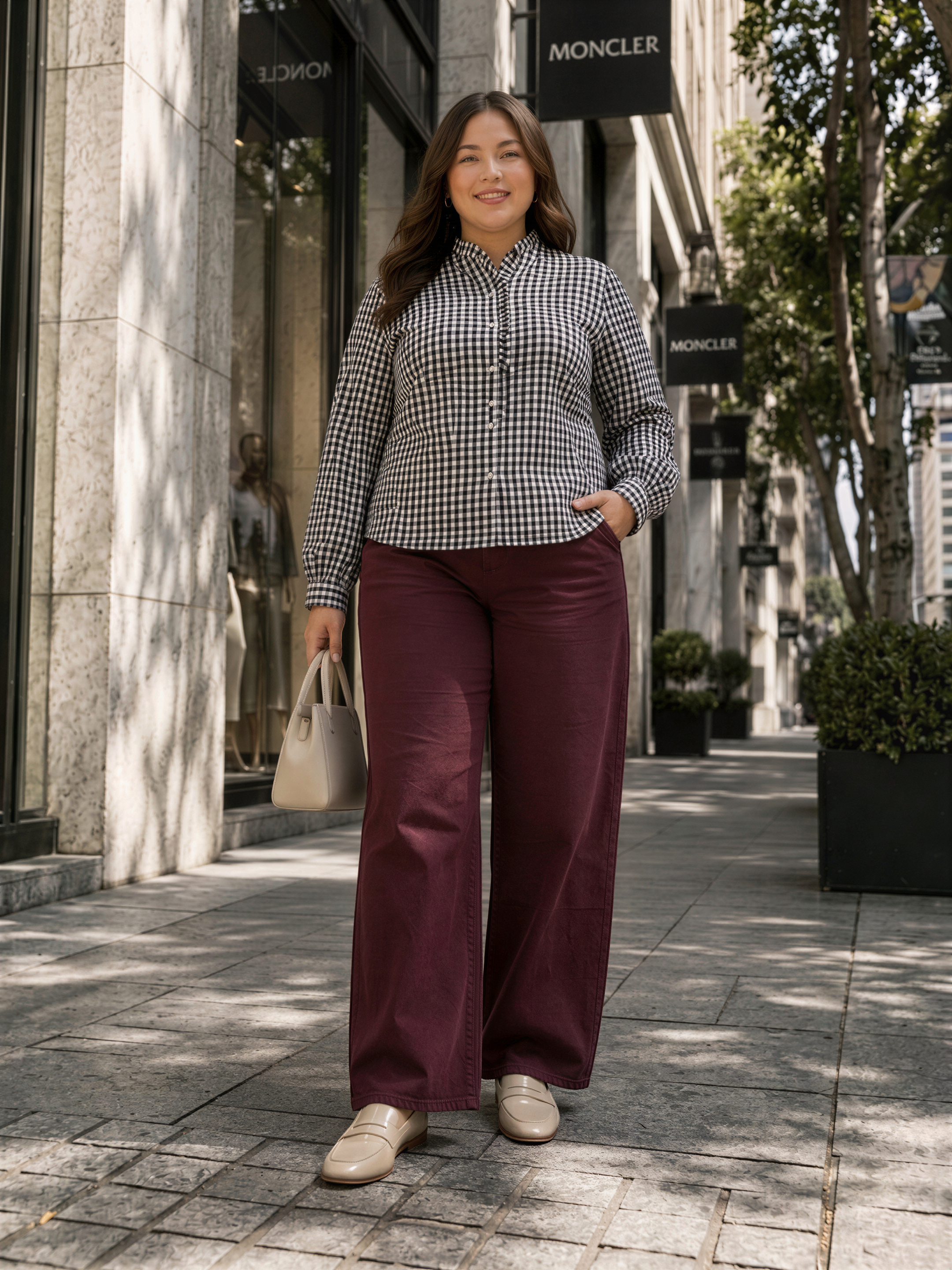 A woman wearing a black and white checkered shirt and burgundy pants is walking on a sidewalk, carrying a beige handbag.