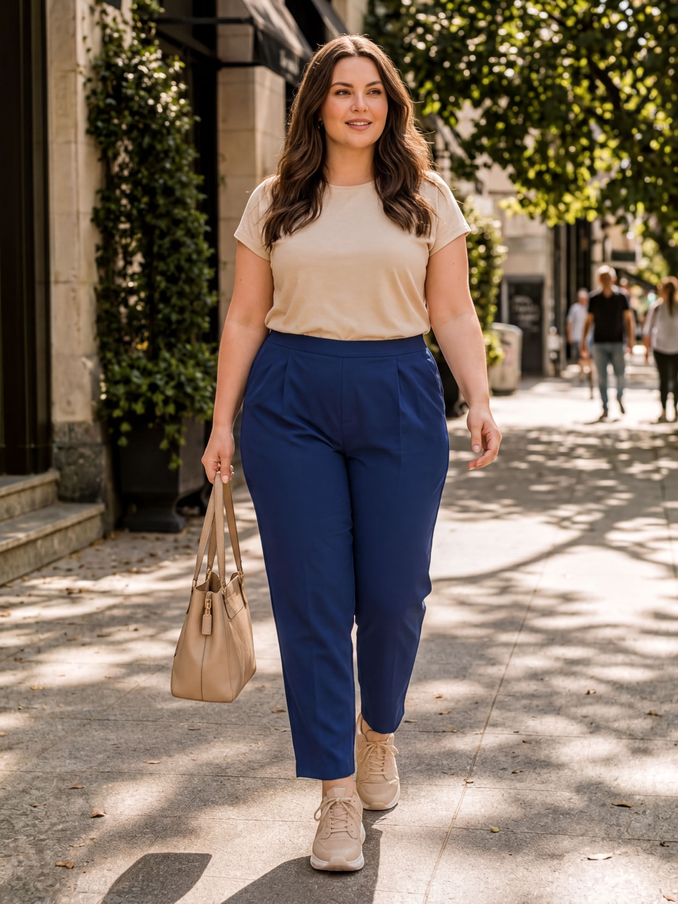A woman wearing a beige top and navy blue pants is walking down a sidewalk, carrying a beige handbag.