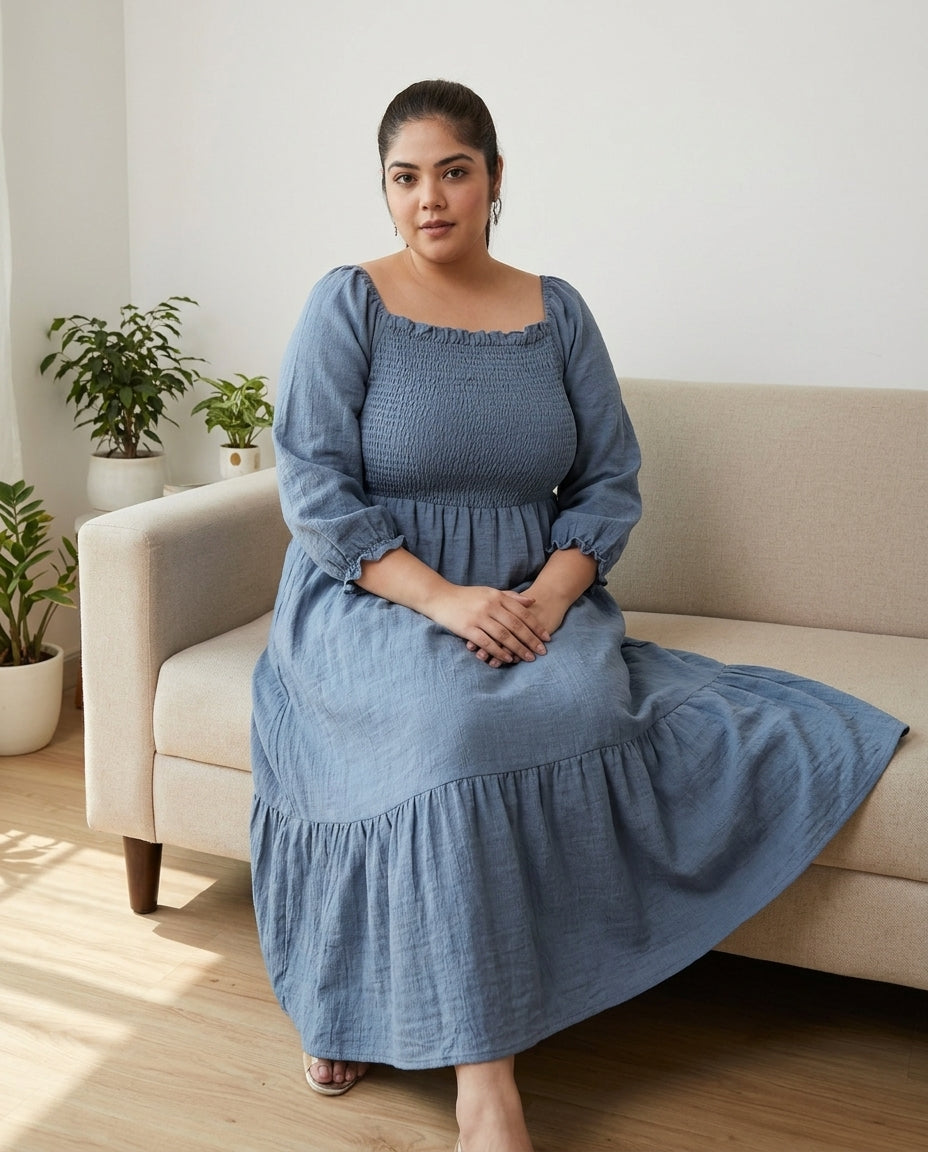 Plus size woman in blue smocked maxi dress with puff sleeves, sitting on a sofa indoors