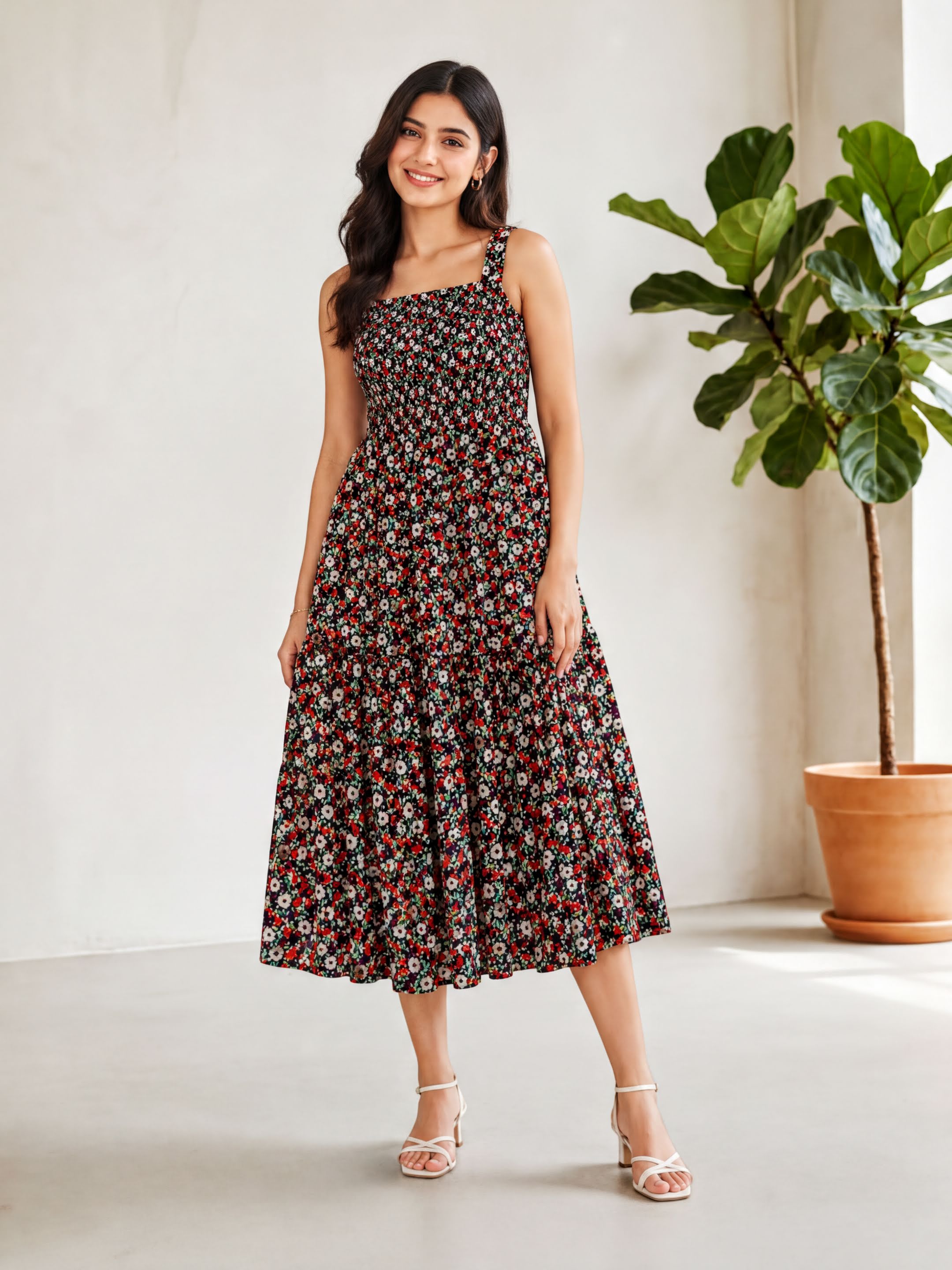 A woman wearing a floral print dress stands in a room with a potted plant in the background.