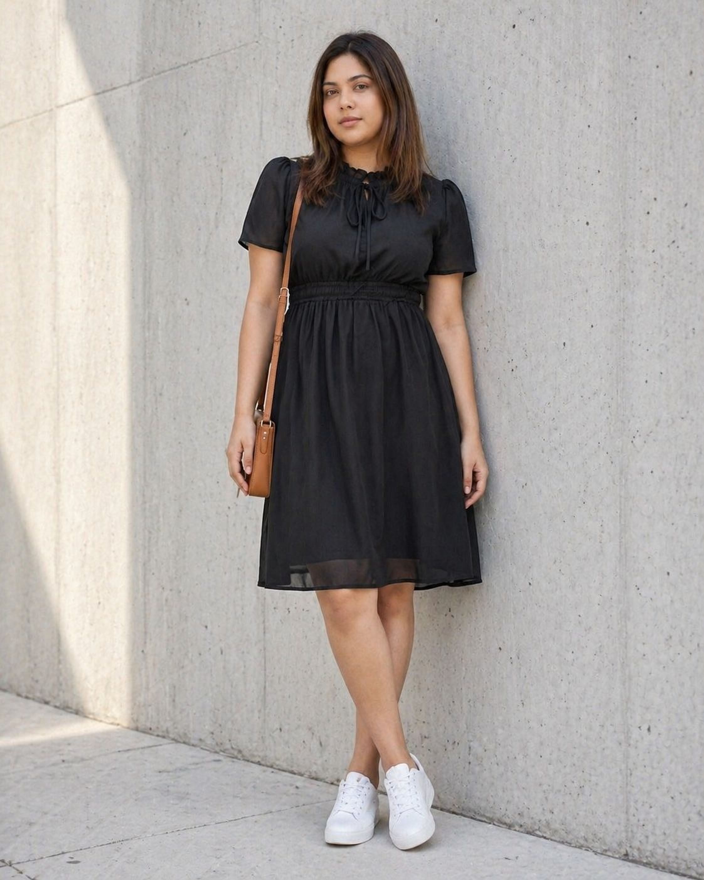 A woman wearing a black dress and high heels is smiling and looking down at her hand.