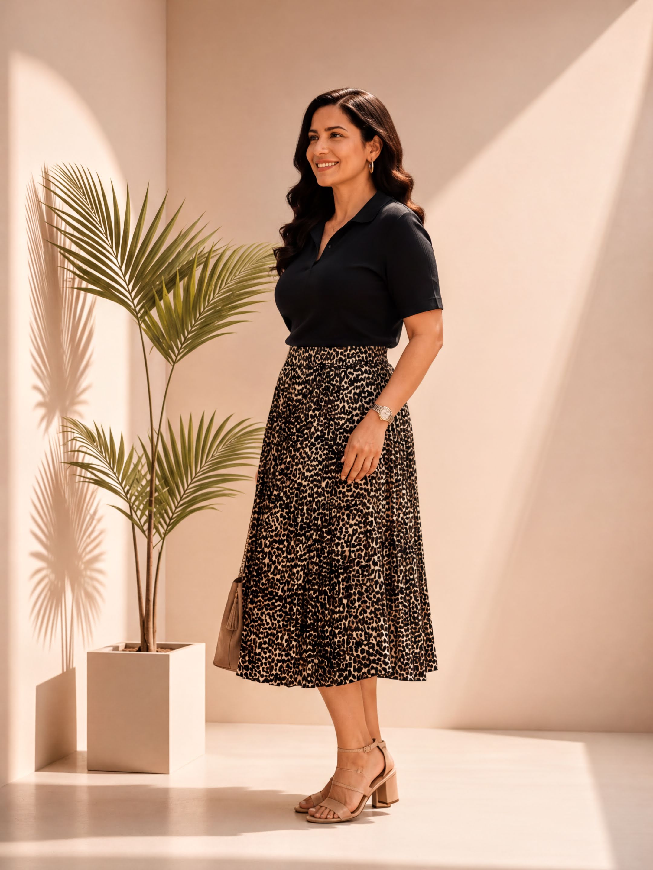 A woman in a black top and a leopard print skirt stands in a room with a potted plant, smiling and looking to the side.