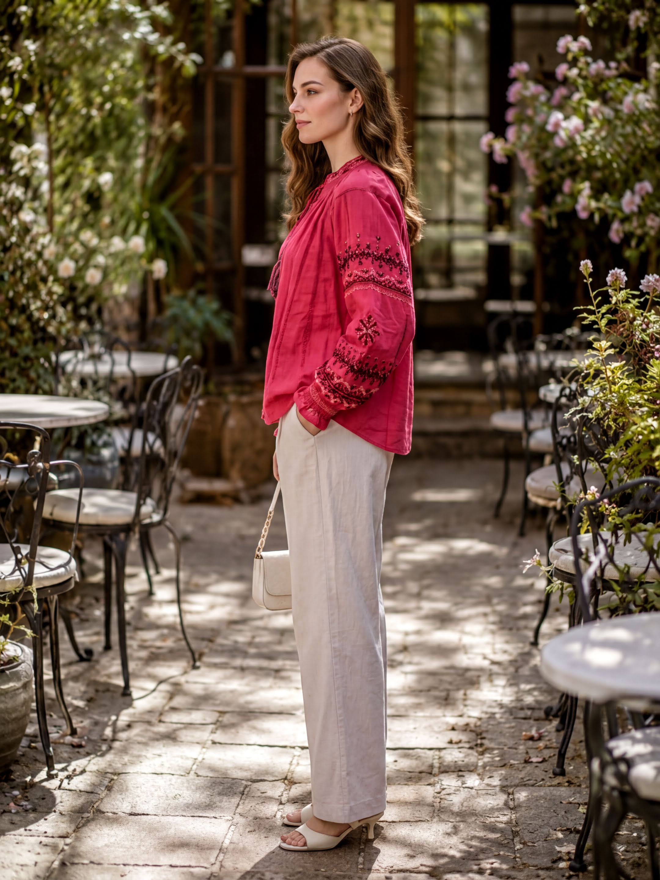 A woman in a red blouse and beige pants stands in a garden-like setting, surrounded by tables and chairs.