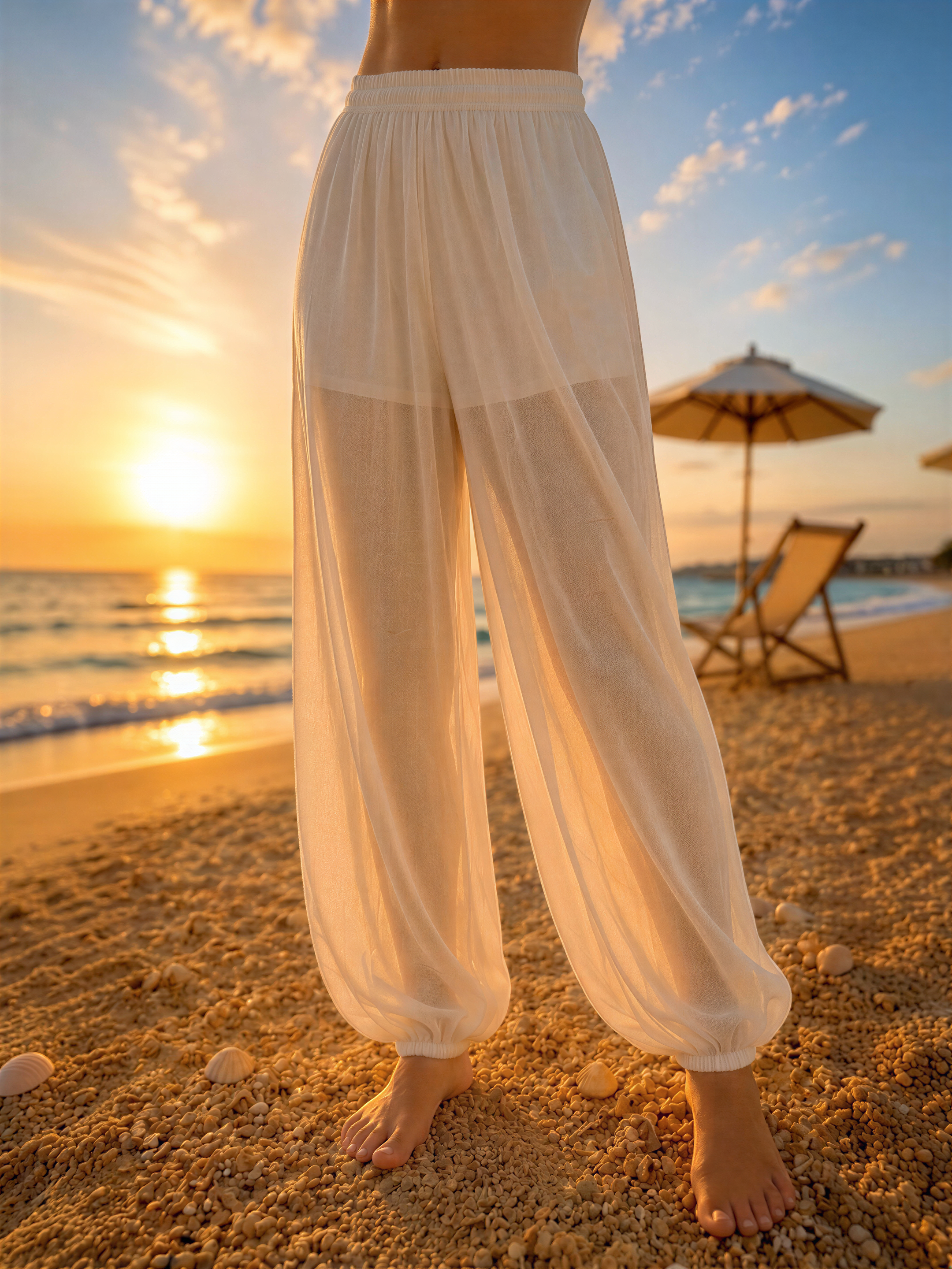 A person wearing white pants stands on a beach at sunset, with a beach chair and umbrella visible in the background.