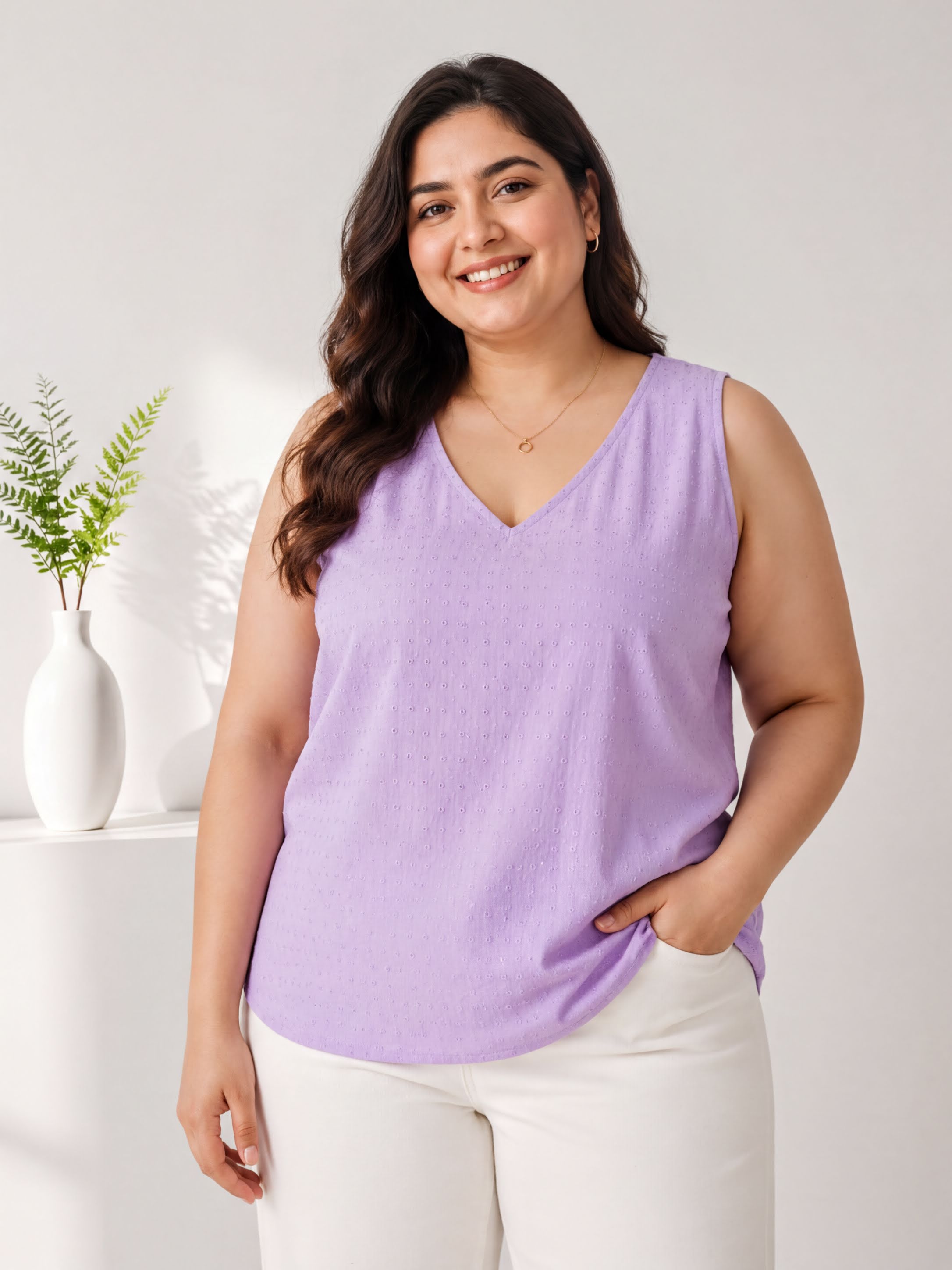 A woman wearing a purple sleeveless top and white pants is smiling and posing for the camera.