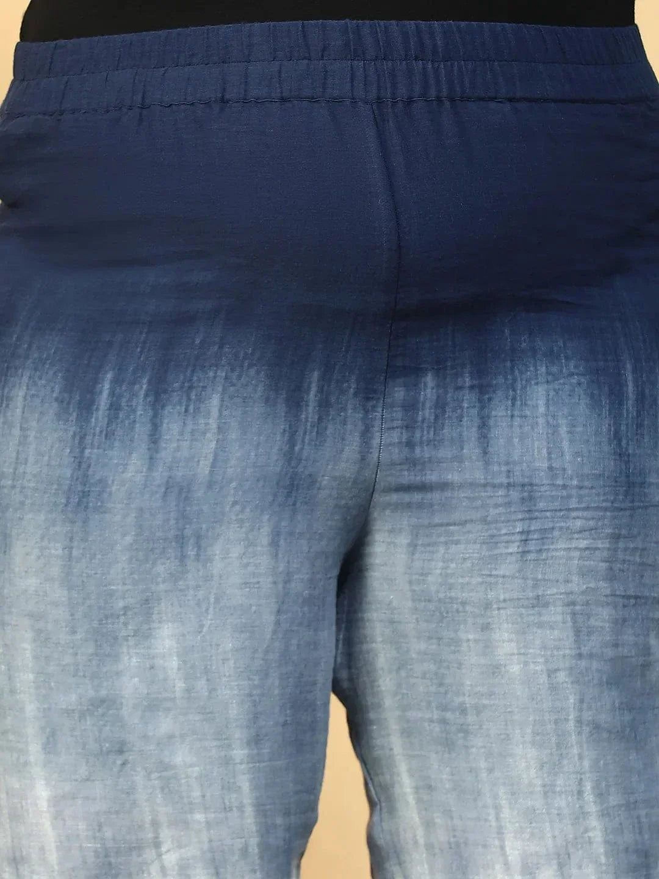 Navy Blue Tie Dye Print Flared Elasticated Waist Plus Size Women Beachwear Cotton Pant   oxolloxo