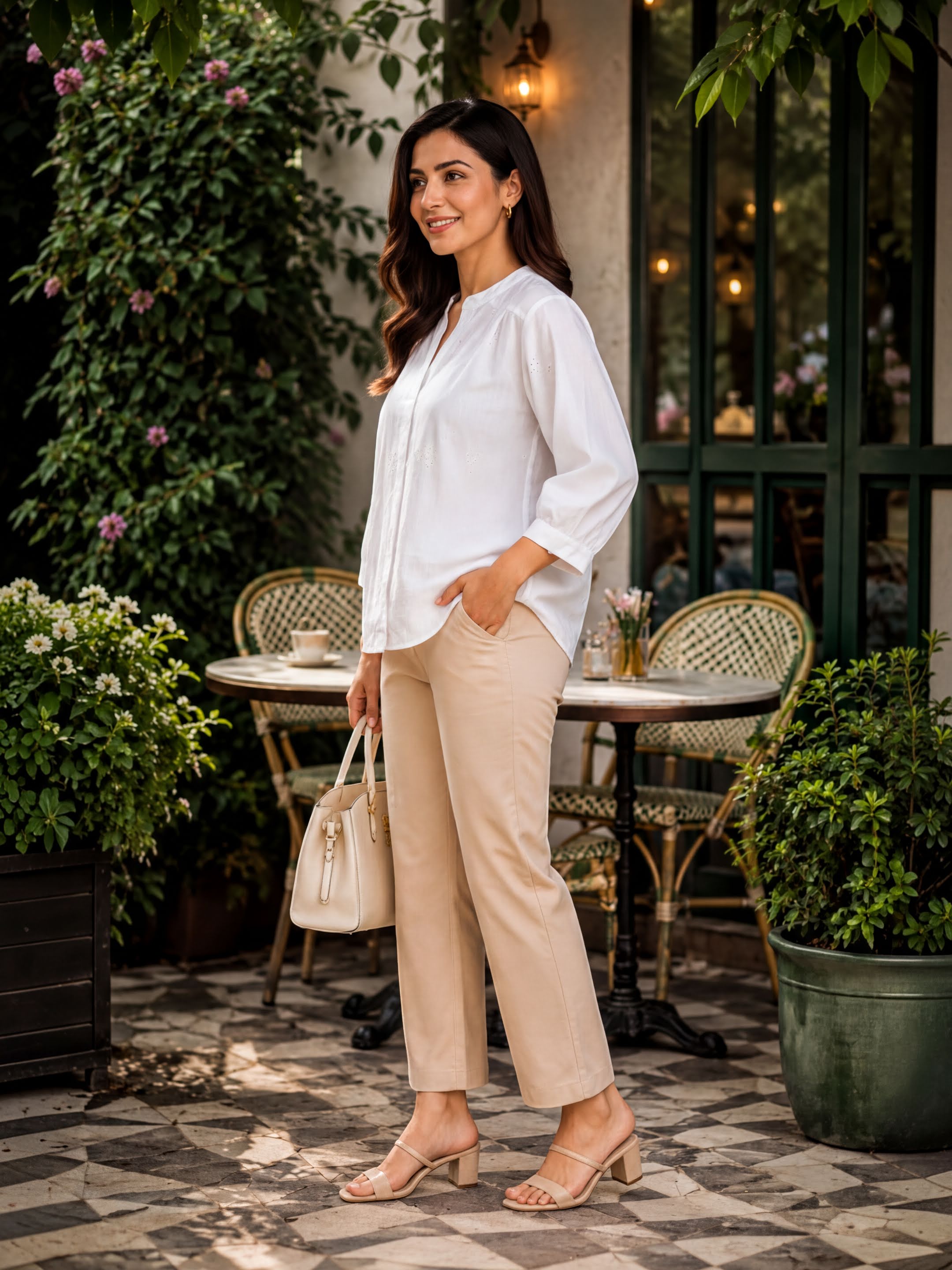 A woman in a white blouse and beige pants stands in front of a building with a green awning, holding a white purse and wearing beige heels.