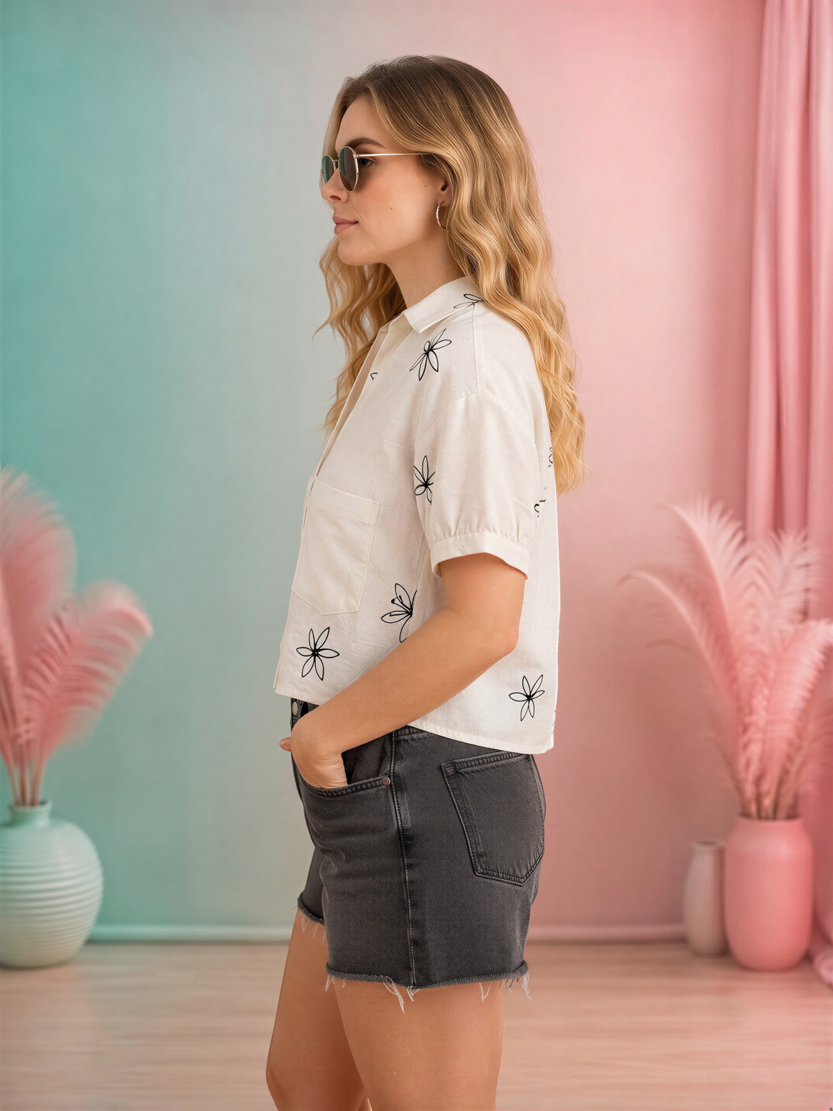A woman wearing a white shirt with black flower designs and denim shorts stands in a room with pink and blue walls, with pink plants in the background.