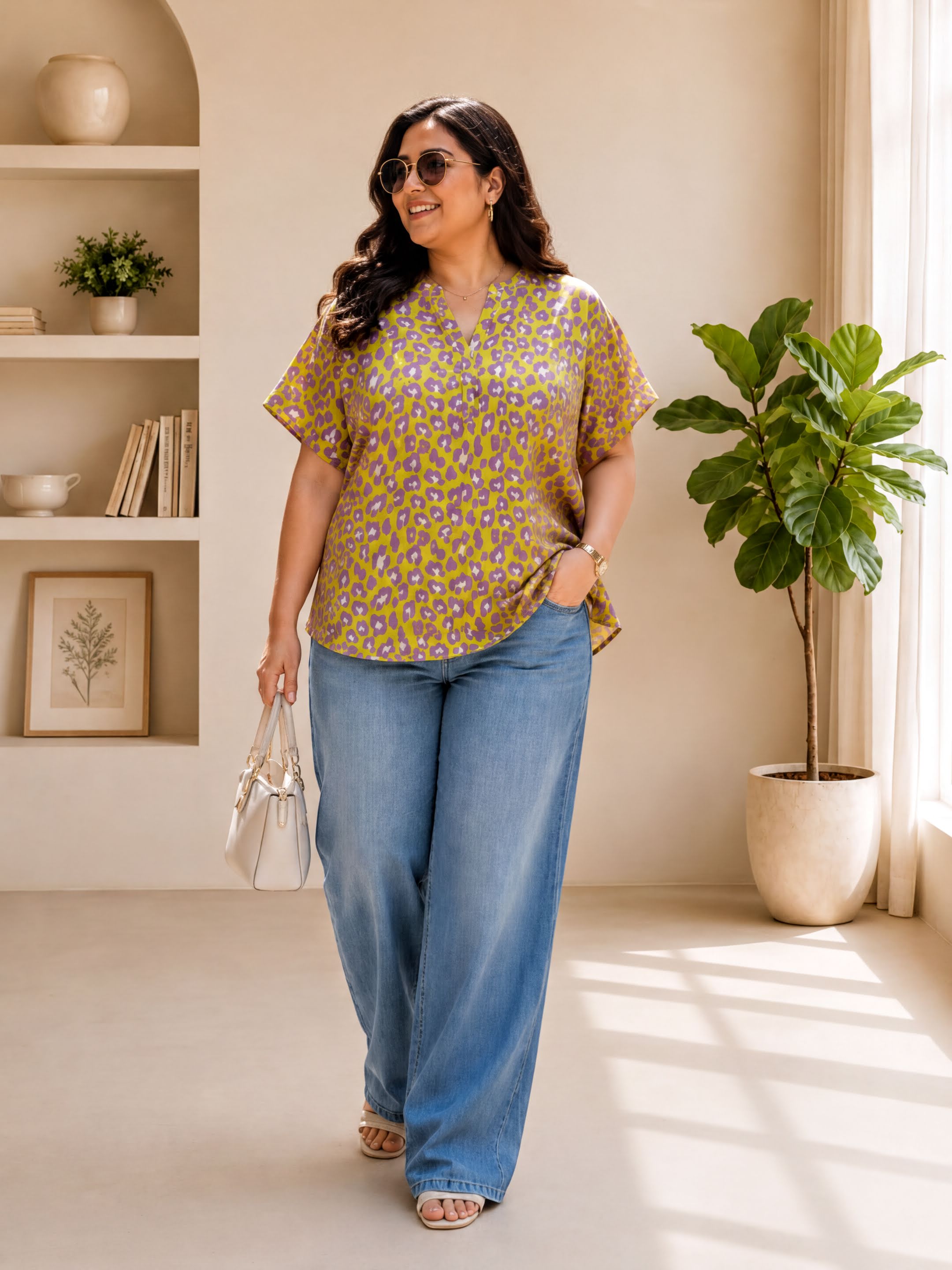 A woman wearing a yellow and green patterned blouse, blue jeans, and sunglasses is standing in a room with a window, plants, and shelves.