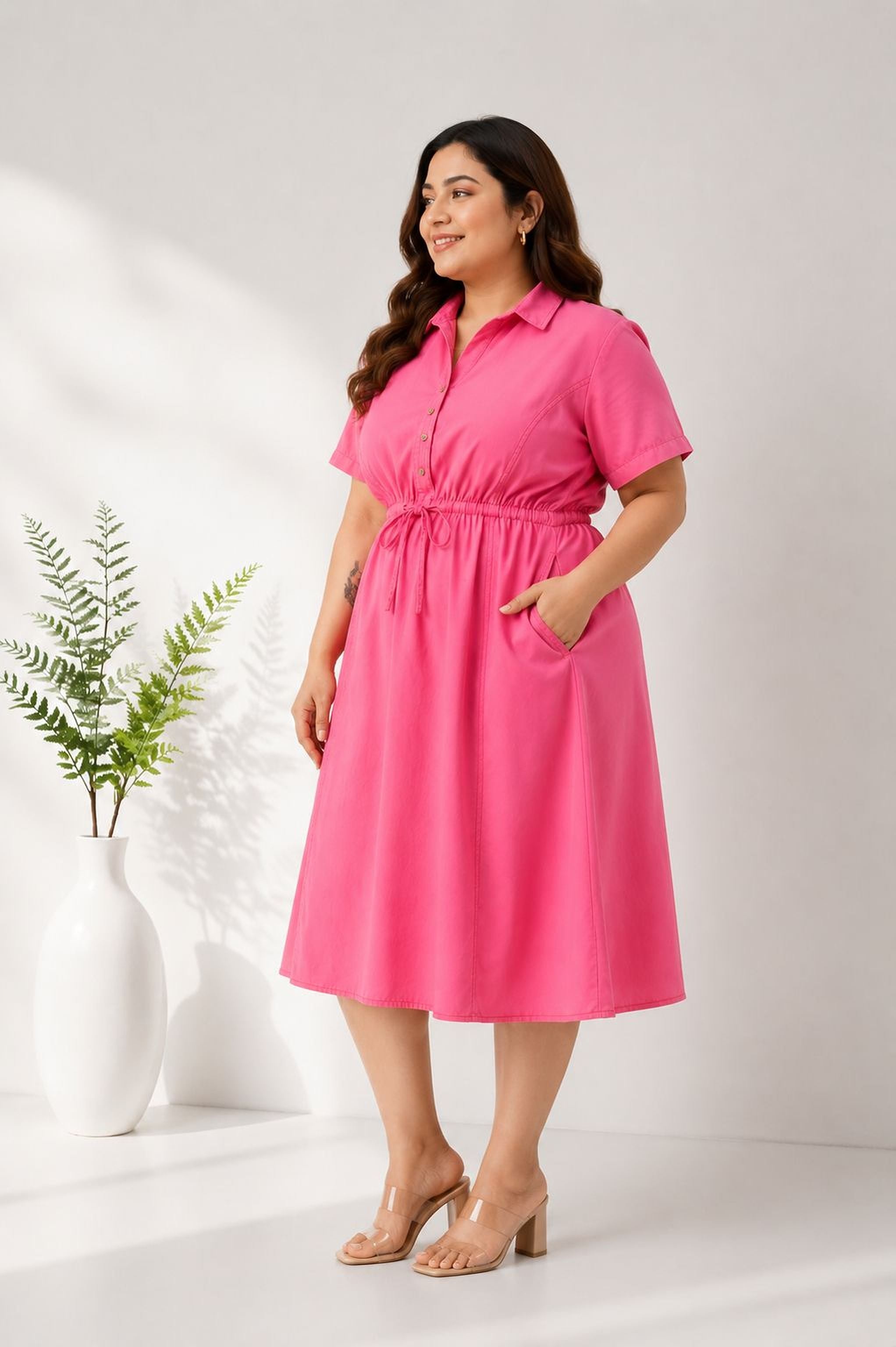 A woman wearing a bright pink dress stands in a room with a white wall and a potted plant.