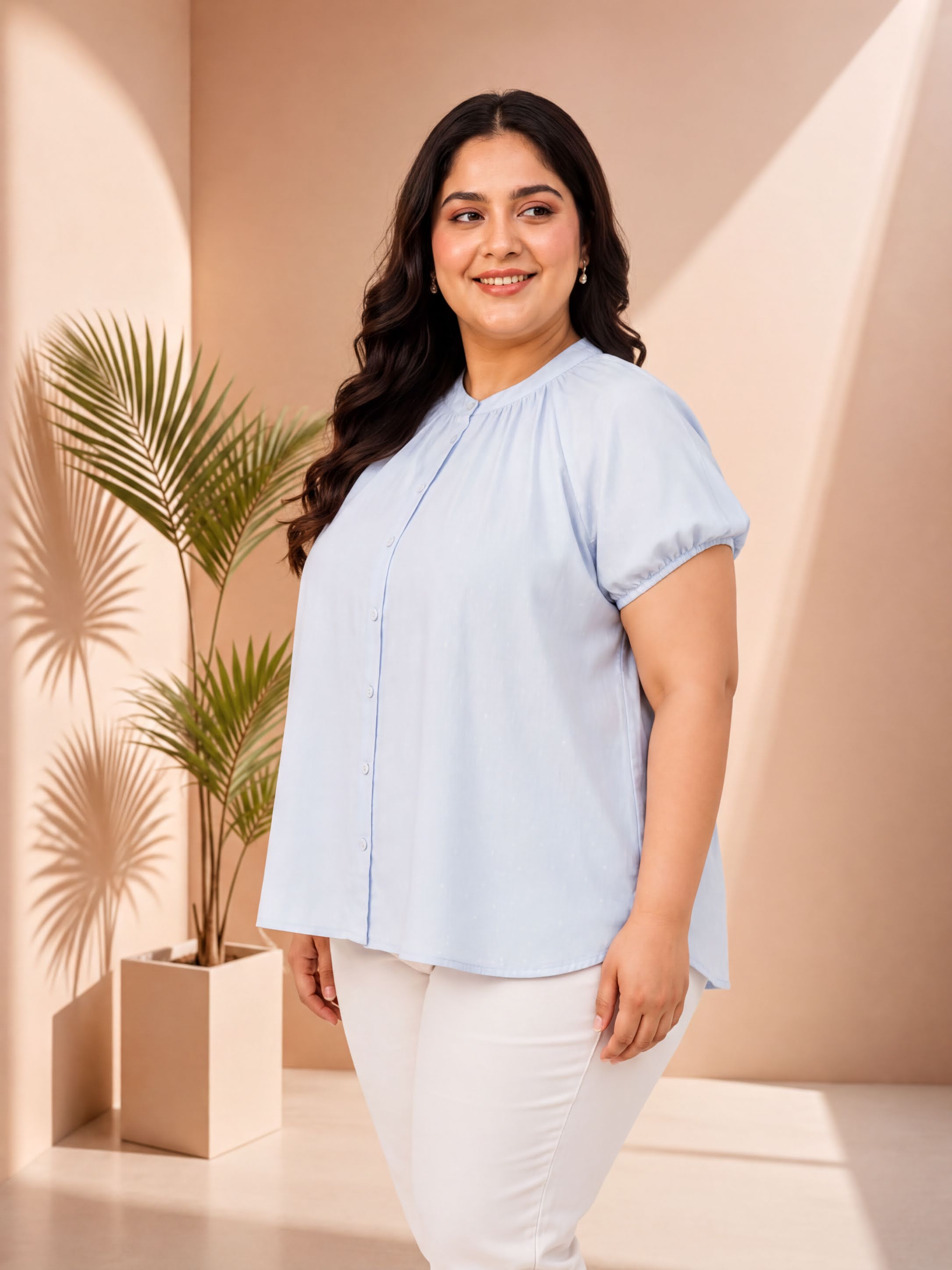 glare blue gather detail short sleeve button down rayon swiss dot dobby plus size women top