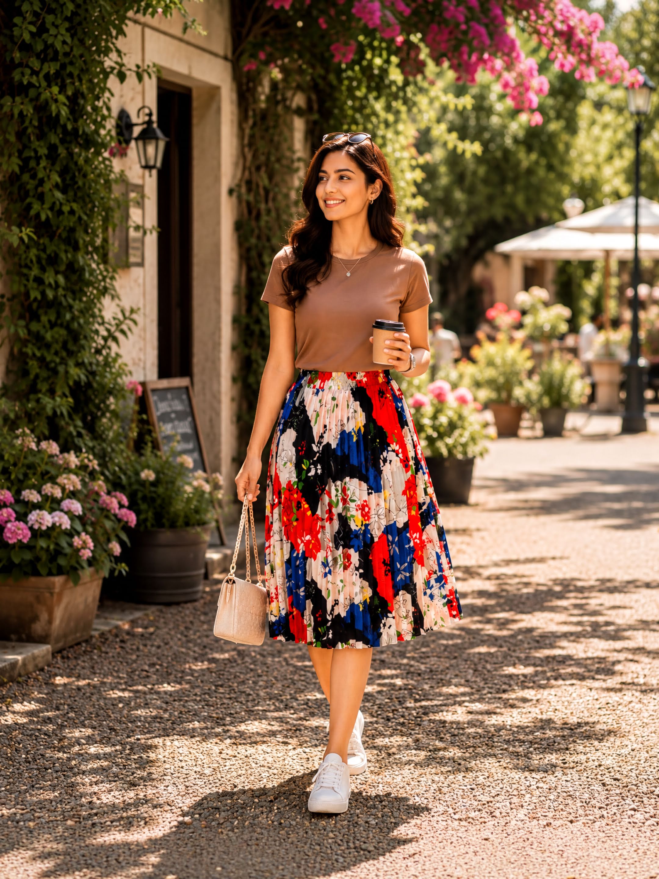 A woman wearing a brown top and a colorful midi skirt is walking down a path, carrying a coffee cup and a handbag.